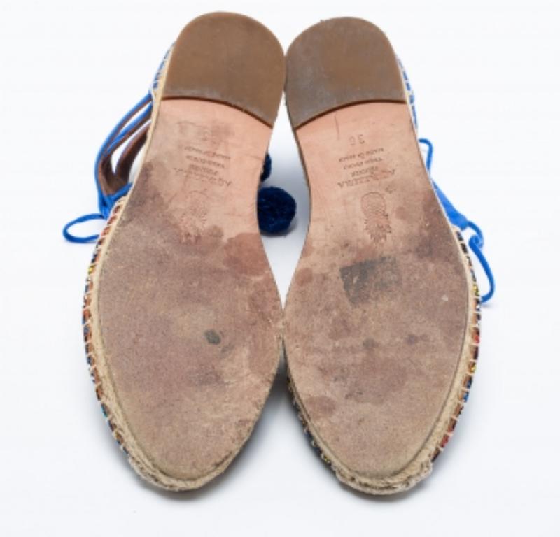 Aquazzura Blue Raffia & Suede Belgravia Lace Up Espadrille Flat Sandals Size 36 For Sale 5