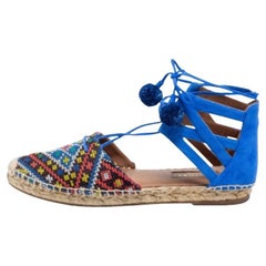 Aquazzura Blue Raffia & Suede Belgravia Lace Up Espadrille Flat Sandals Size 36