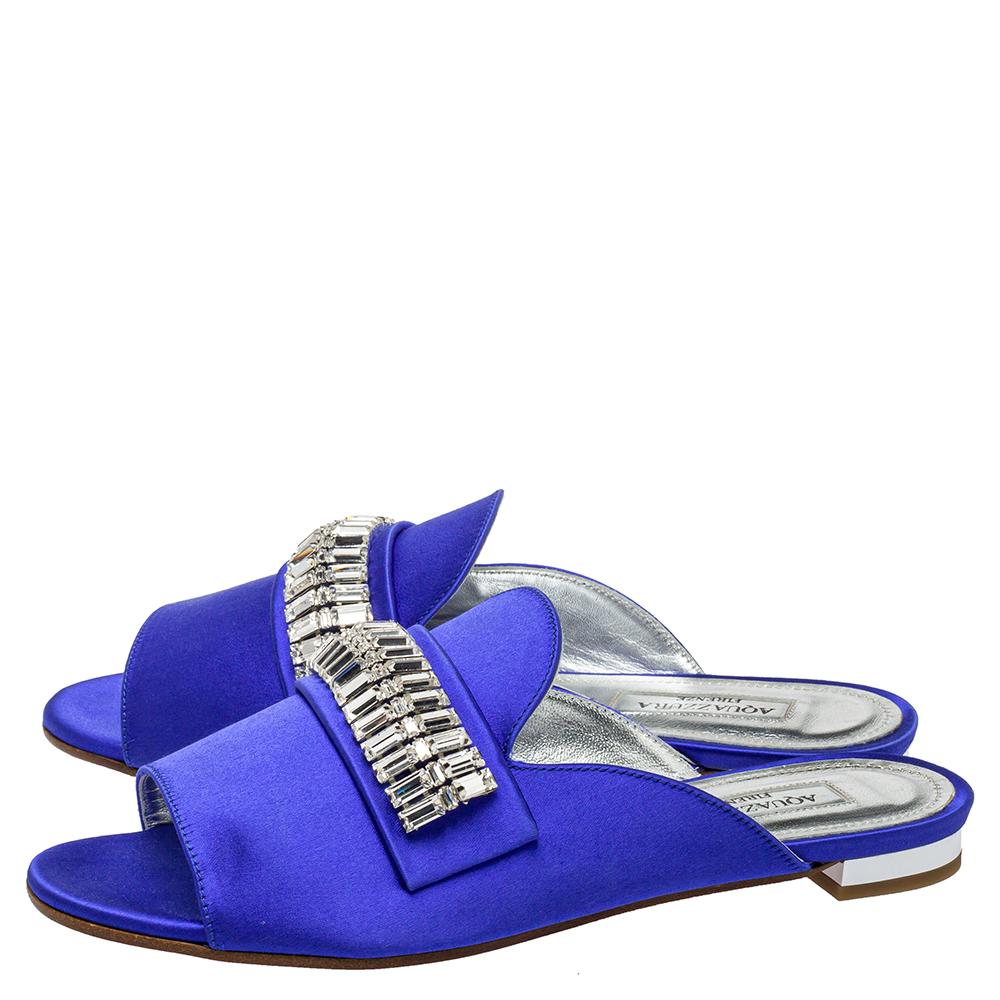 Aquazzura Blue Satin Crystal Embellished Winston Sandals Size 35 3