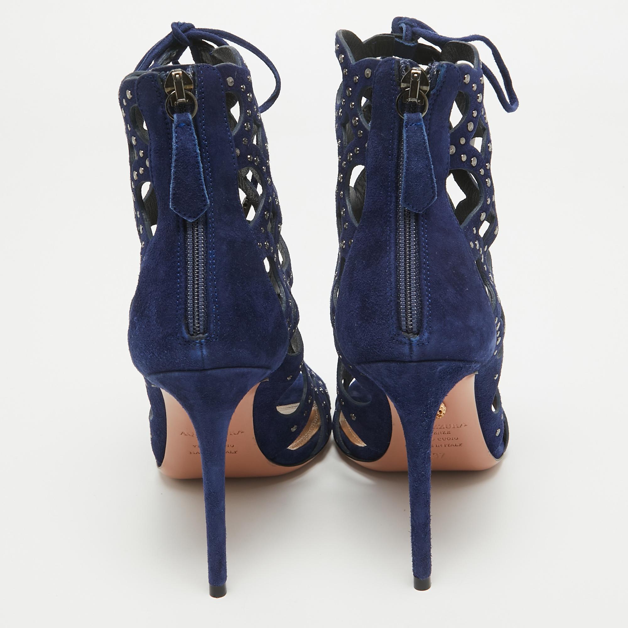 Aquazzura Blue Suede Begum Studded Cut Out Ankle Booties Size 37 For Sale 1