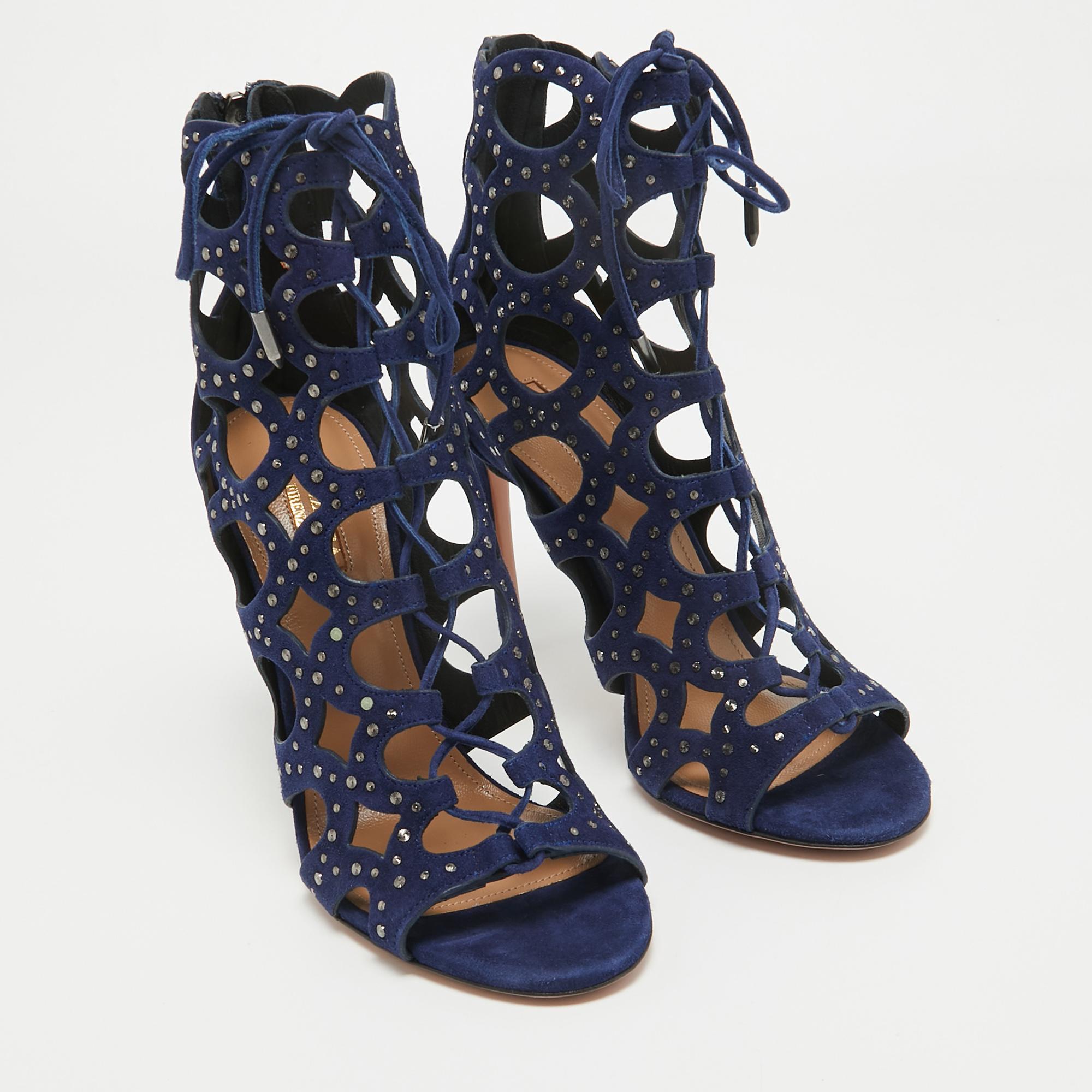 Aquazzura Blue Suede Begum Studded Cut Out Ankle Booties Size 37 For Sale 2