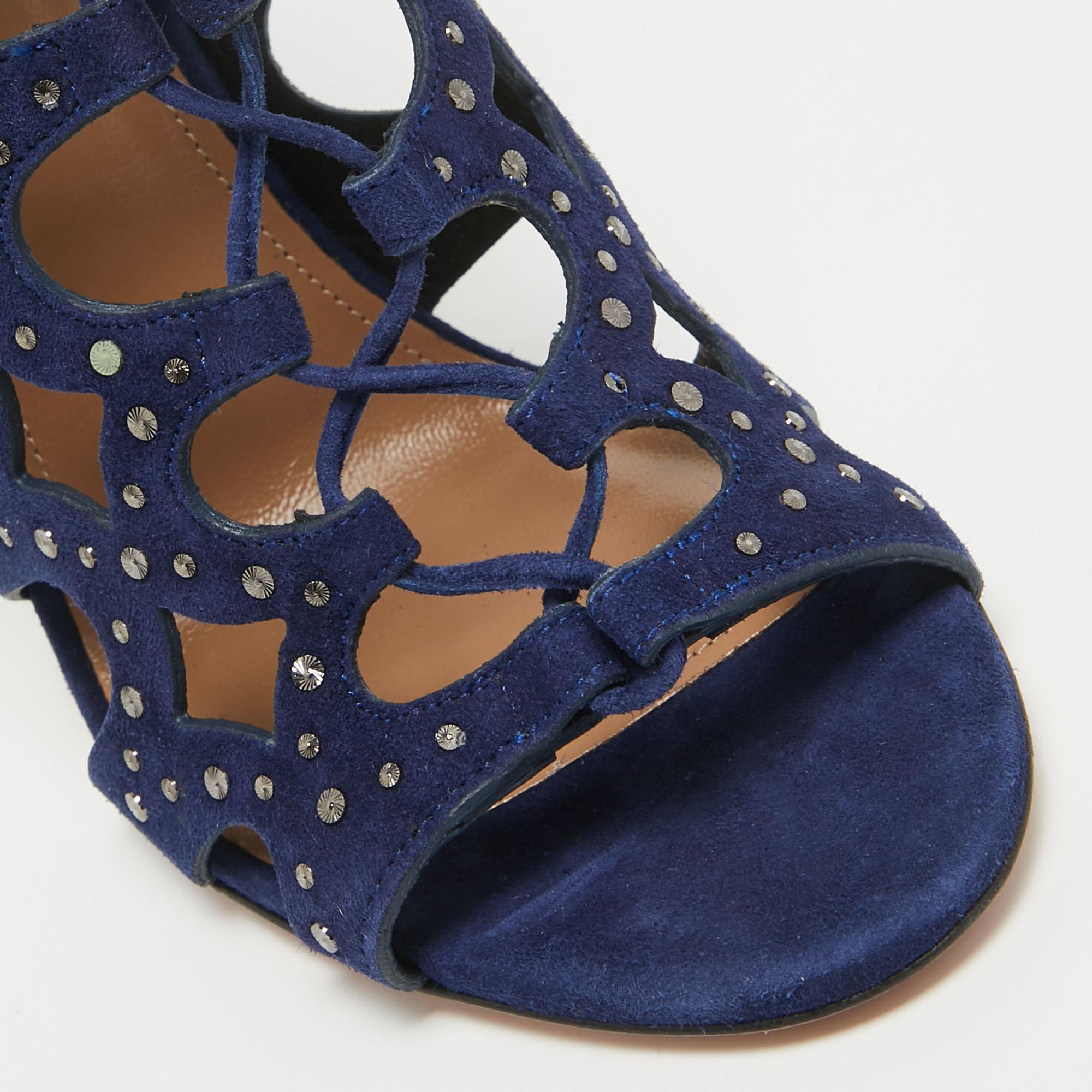 Aquazzura Blue Suede Begum Studded Cut Out Ankle Booties Size 37 For Sale 3