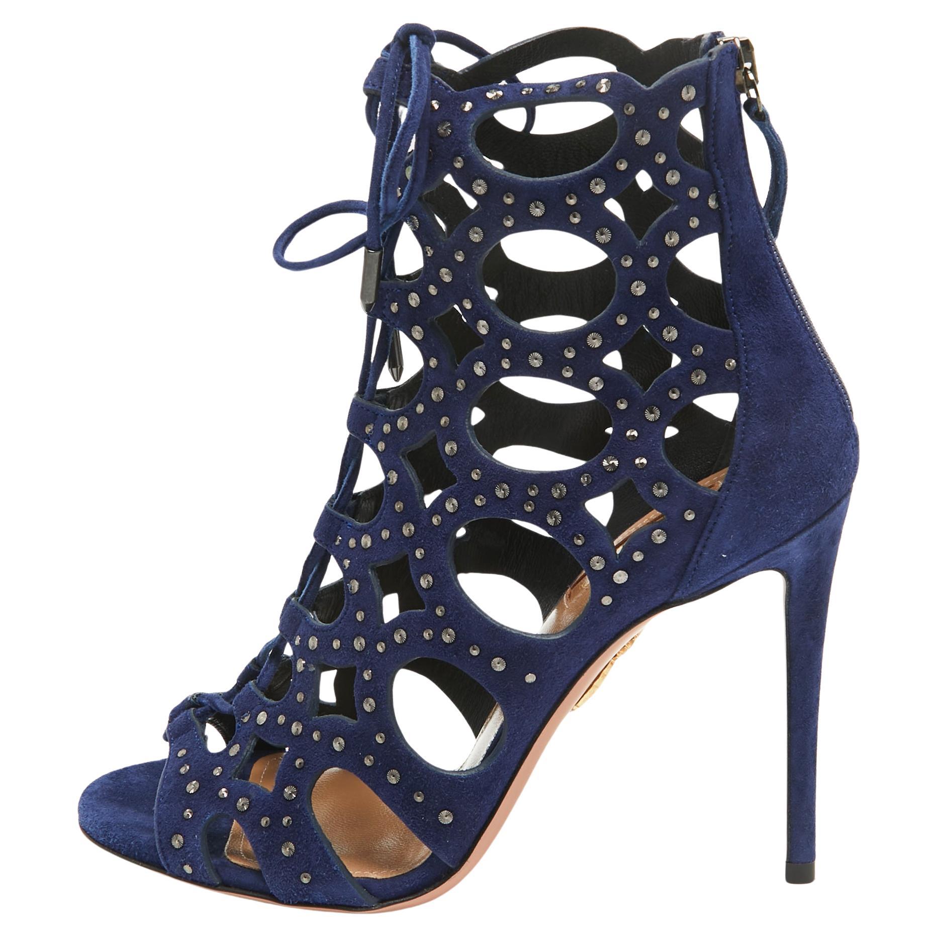 Aquazzura Blue Suede Begum Studded Cut Out Ankle Booties Size 37 For Sale