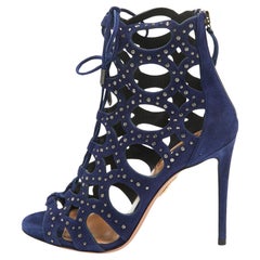 Aquazzura Blue Suede Begum Studded Cut Out Ankle Booties Size 37