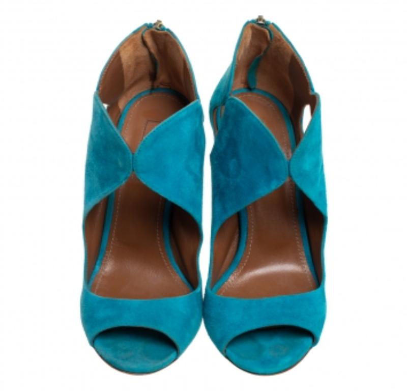Aquazzura Blue Suede Cut Out Elle Peep Toe Sandals Size 36 In Good Condition For Sale In Dubai, Al Qouz 2