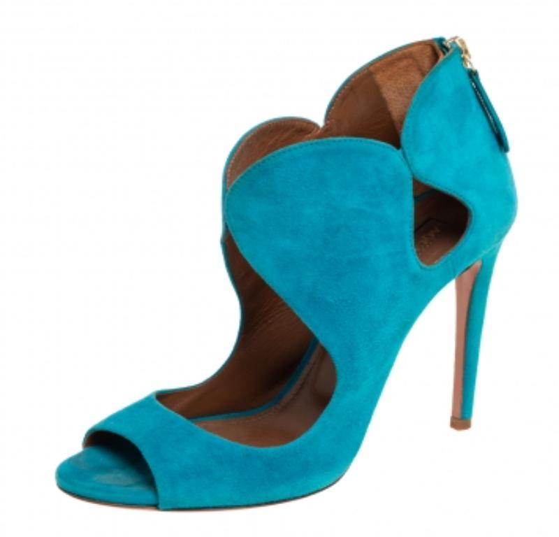 Women's Aquazzura Blue Suede Cut Out Elle Peep Toe Sandals Size 36 For Sale