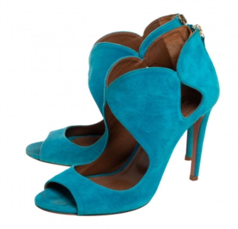 Aquazzura Blue Suede Cut Out Elle Peep Toe Sandals Size 36 For Sale 3