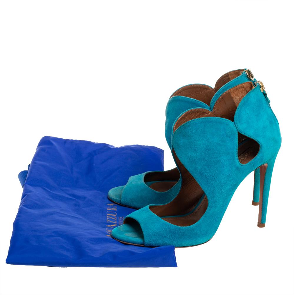 Aquazzura Blue Suede Cut Out Elle Peep Toe Sandals Size 36 3