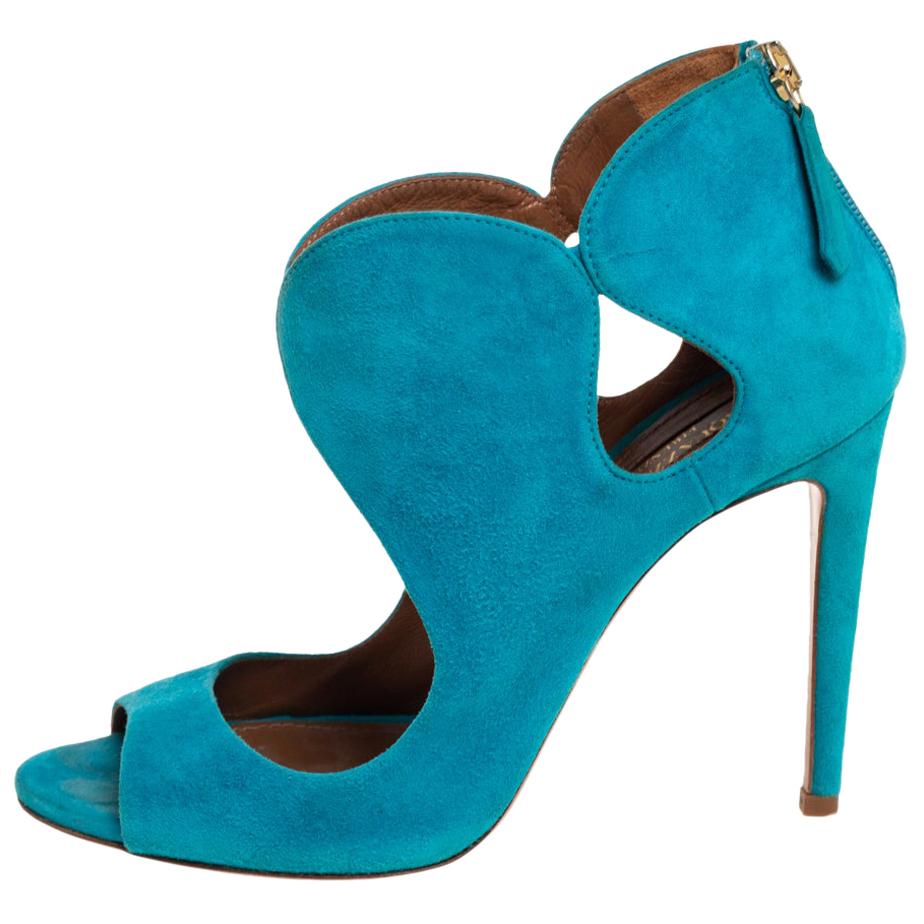 Aquazzura Blue Suede Cut Out Elle Peep Toe Sandals Size 36