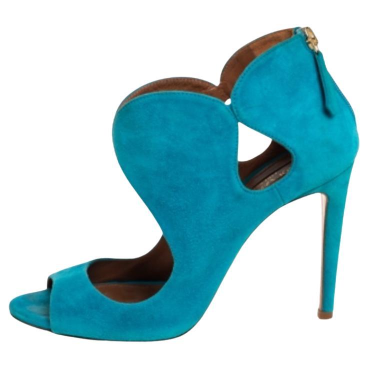 Aquazzura Blue Suede Cut Out Elle Peep Toe Sandals Size 36 For Sale