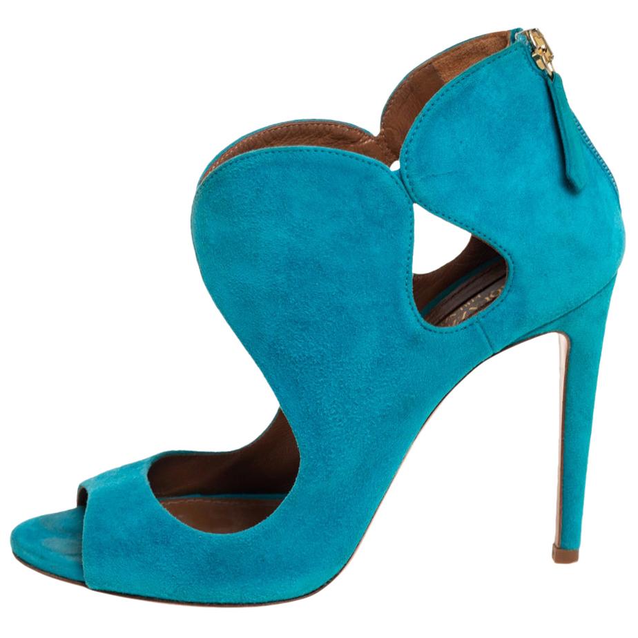Aquazzura Blue Suede Cut Out Elle Peep Toe Sandals Size 36 For Sale