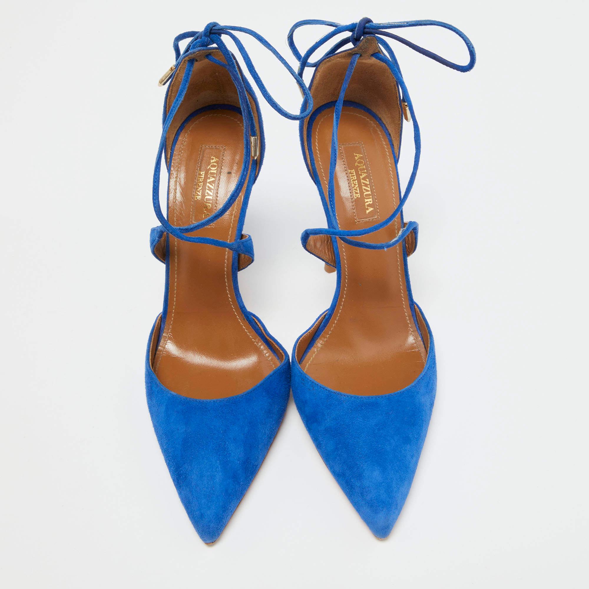Aquazzura Blu Suede Matilde Ankle Tie Pumps Taglia 37 In condizioni buone in vendita a Dubai, Al Qouz 2