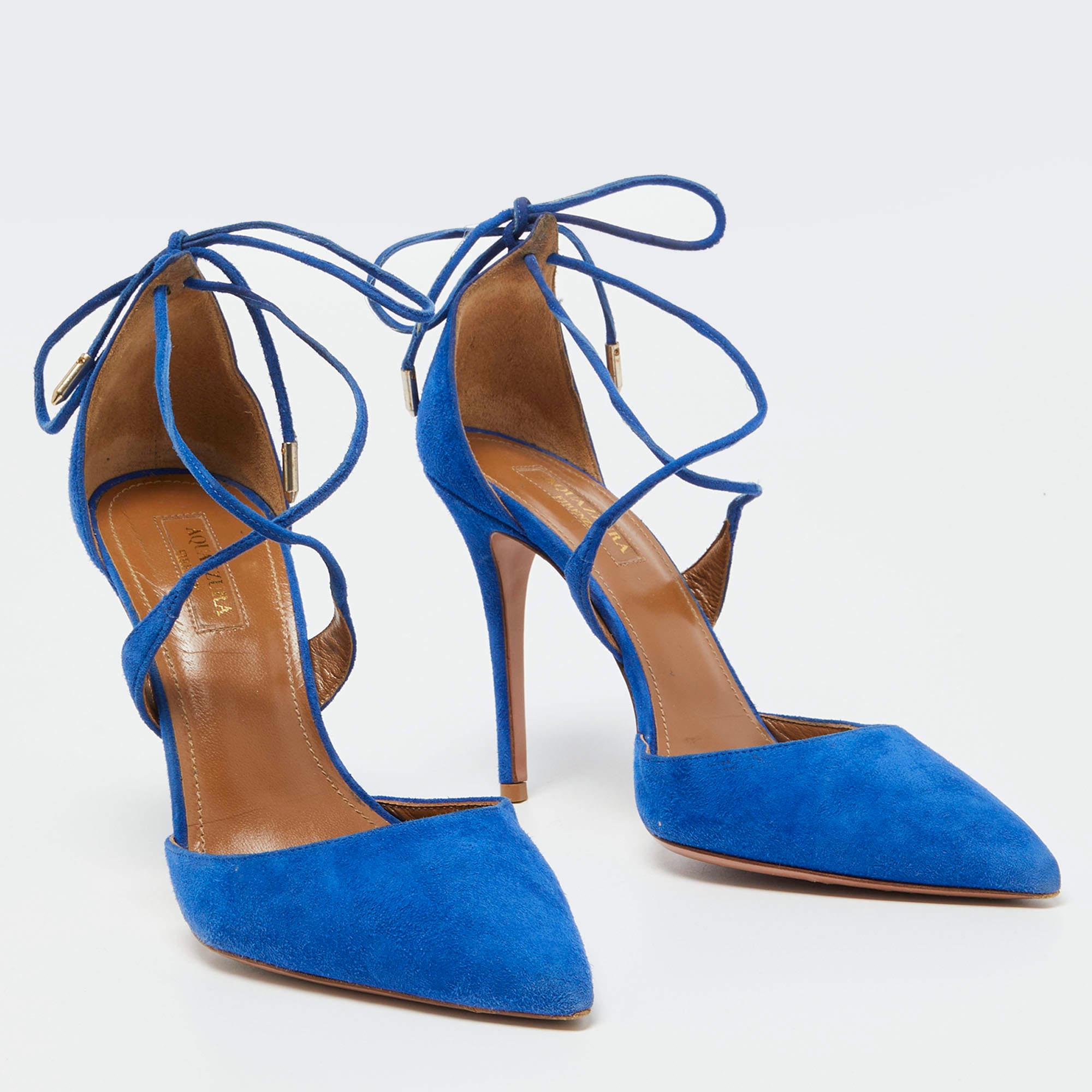 Donna Aquazzura Blu Suede Matilde Ankle Tie Pumps Taglia 37 in vendita