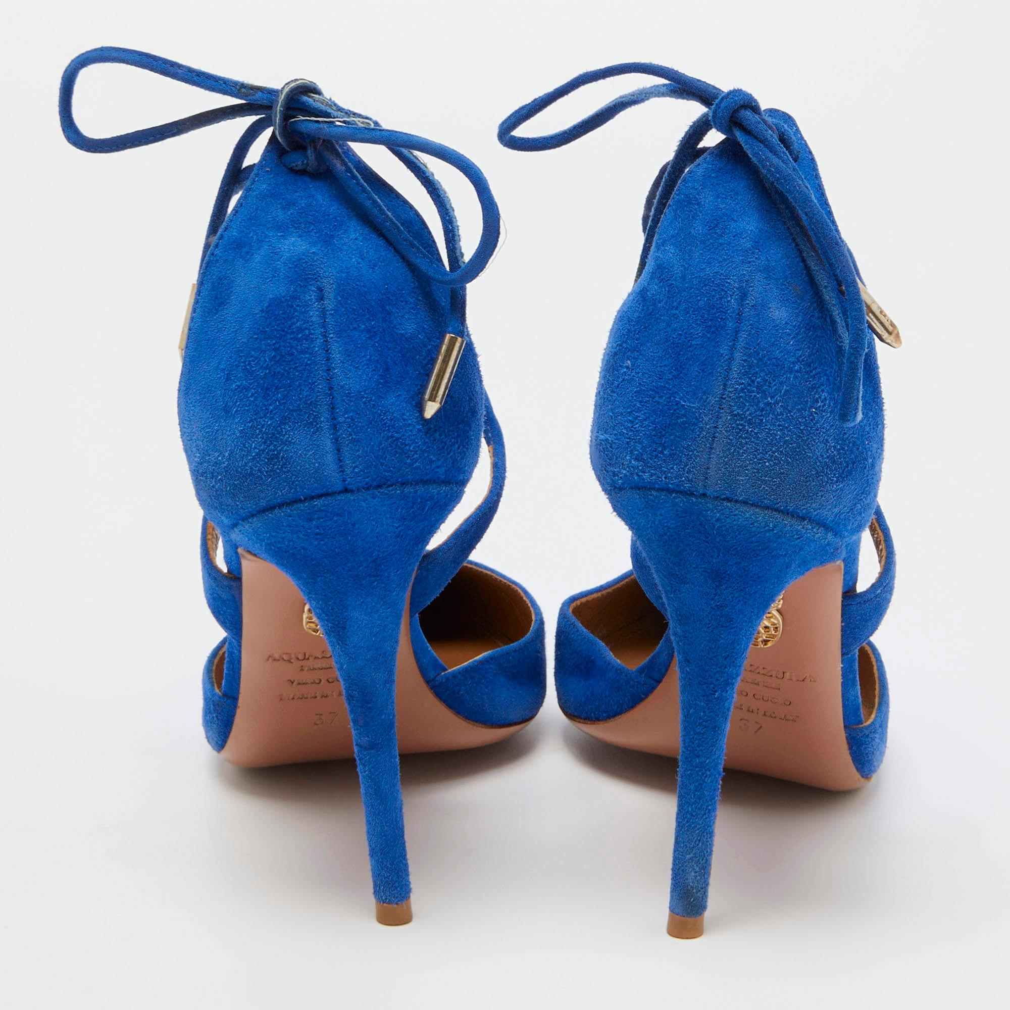 Aquazzura Blu Suede Matilde Ankle Tie Pumps Taglia 37 in vendita 1