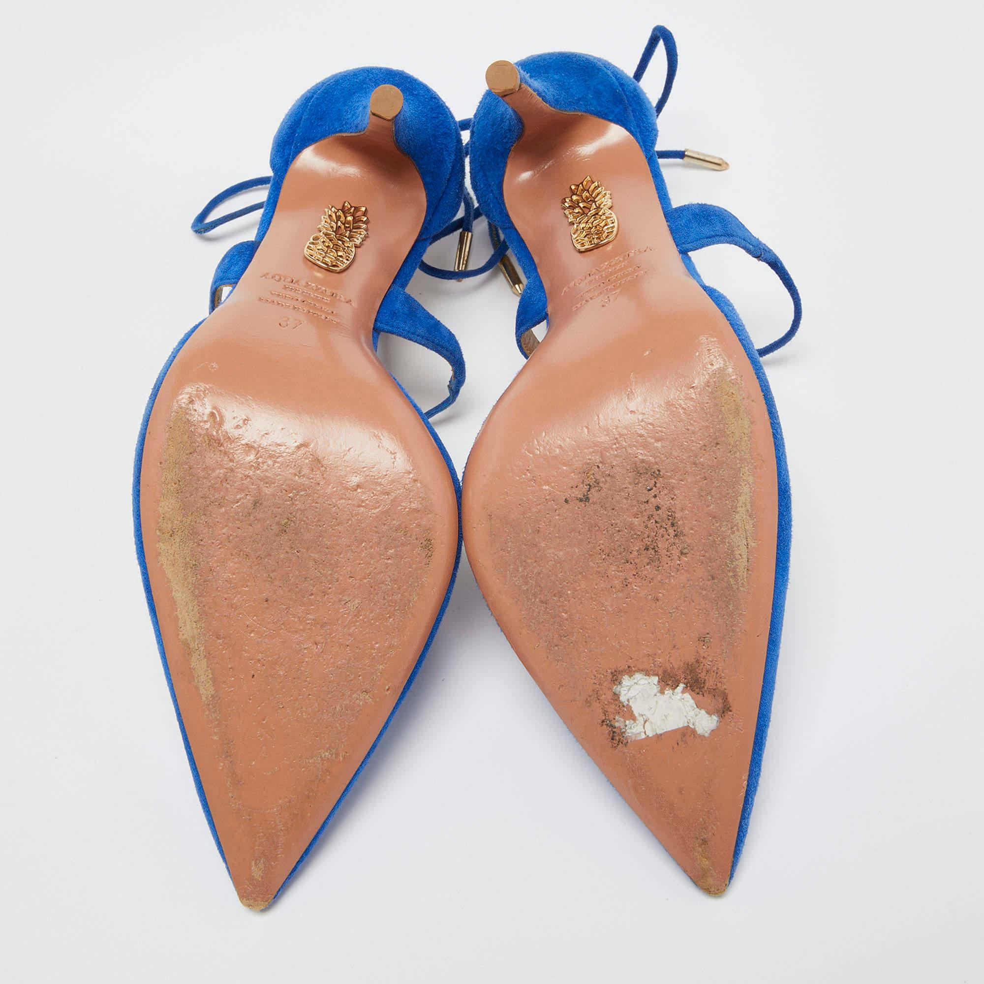 Aquazzura Blu Suede Matilde Ankle Tie Pumps Taglia 37 in vendita 2