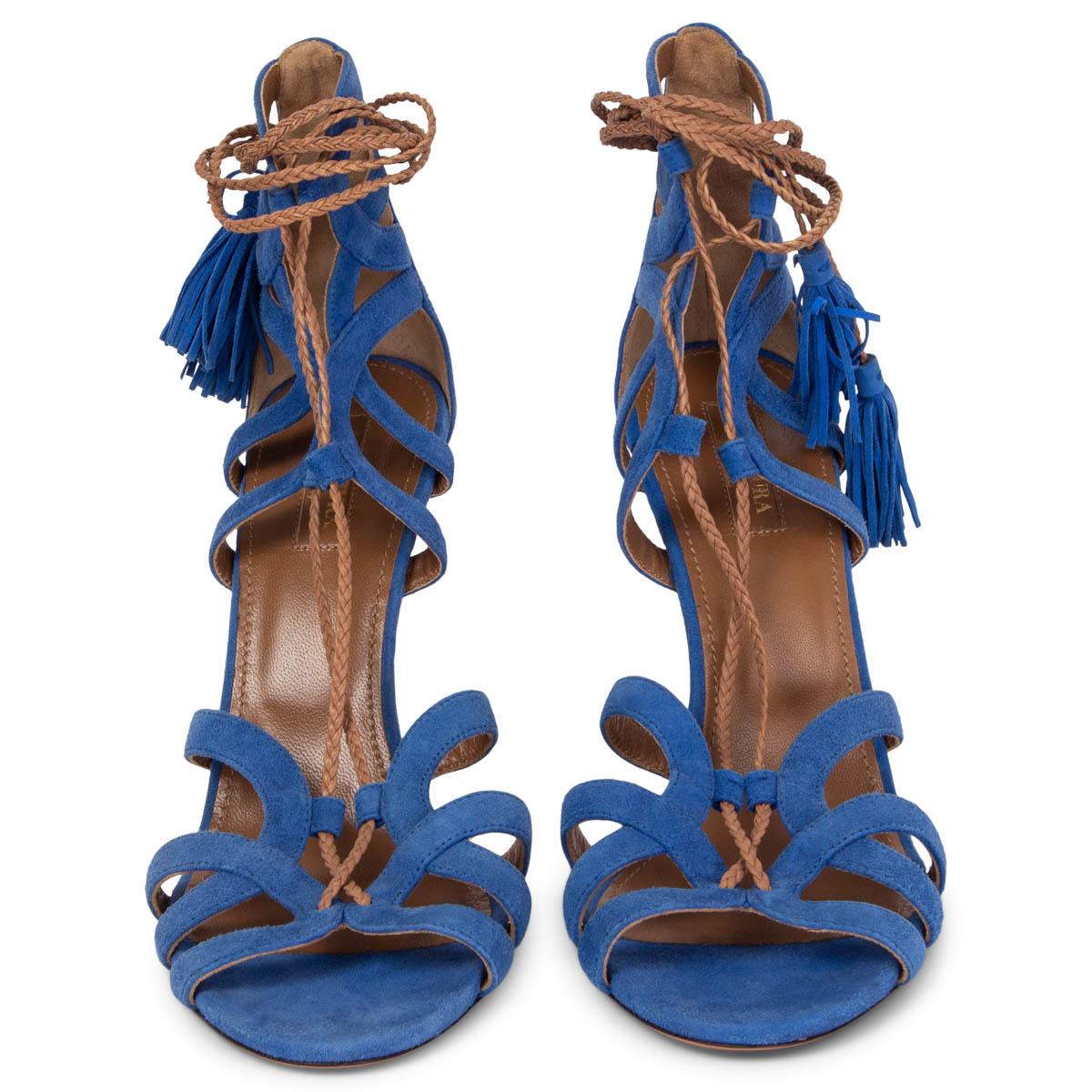 100% authentic Aquazzura Mirage ankle-strap sandals in blue suede with tan braided lace-up detail. Have been worn once and are in excellent condition. 

Measurements
Imprinted Size	39.5
Shoe Size	39.5
Inside Sole	26cm (10.1in)
Width	7.5cm