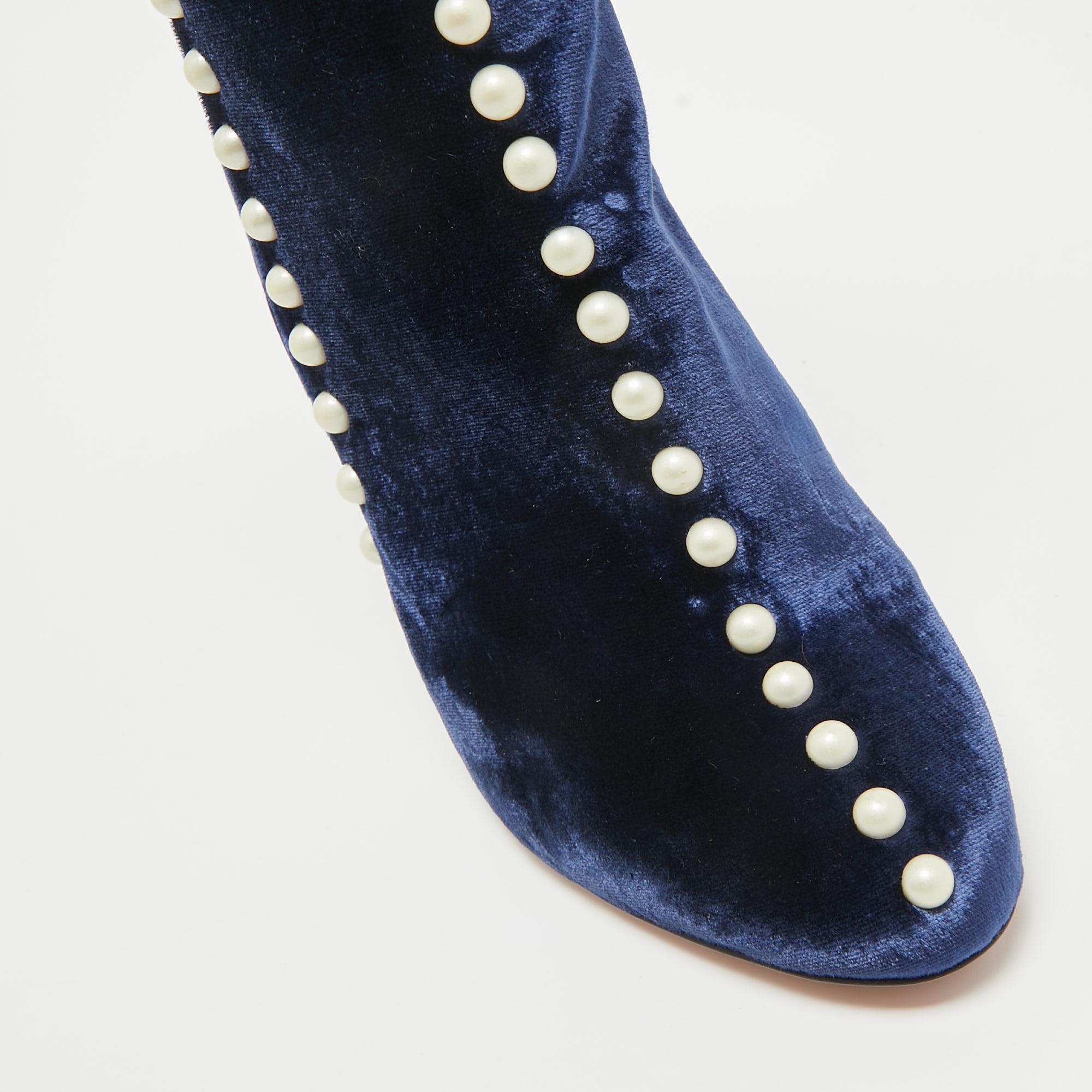 Women's Aquazzura Blue Velvet Follie Pearls Ankle Boots Size 36