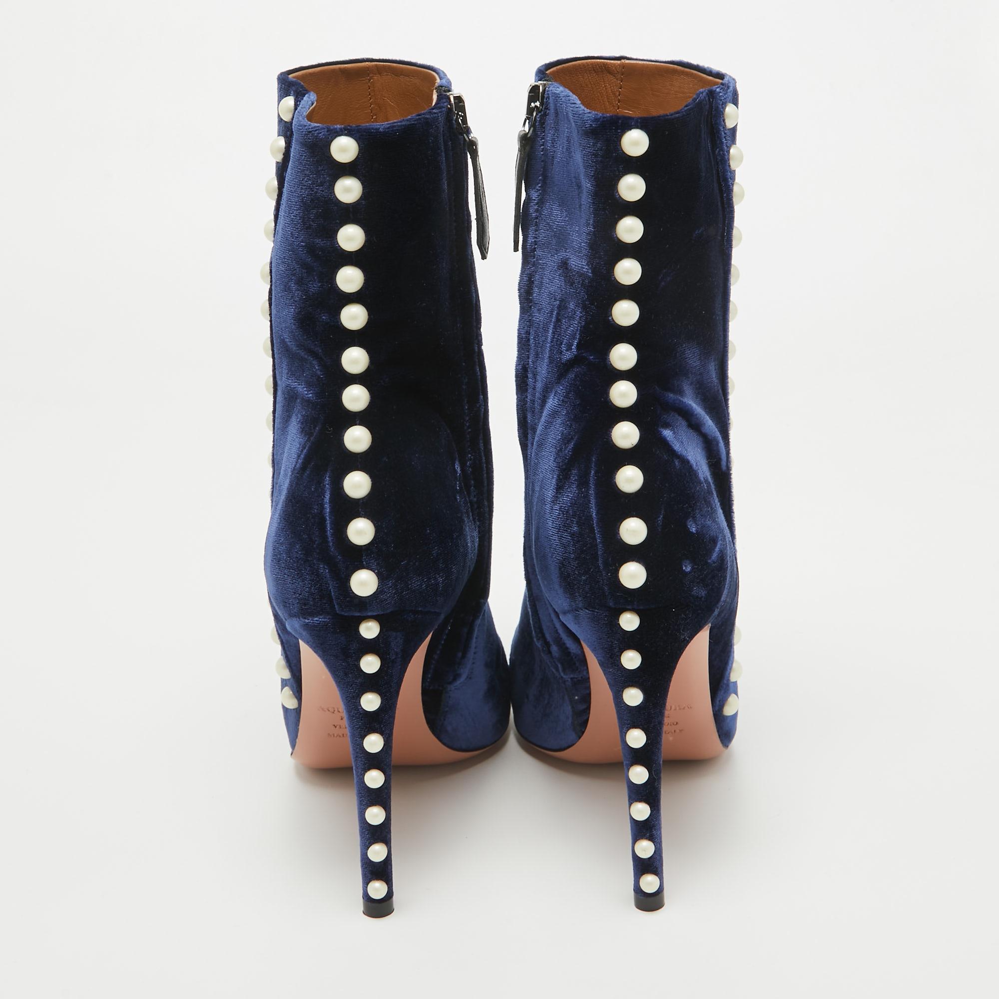 Aquazzura Blue Velvet Follie Pearls Ankle Boots Size 36 1