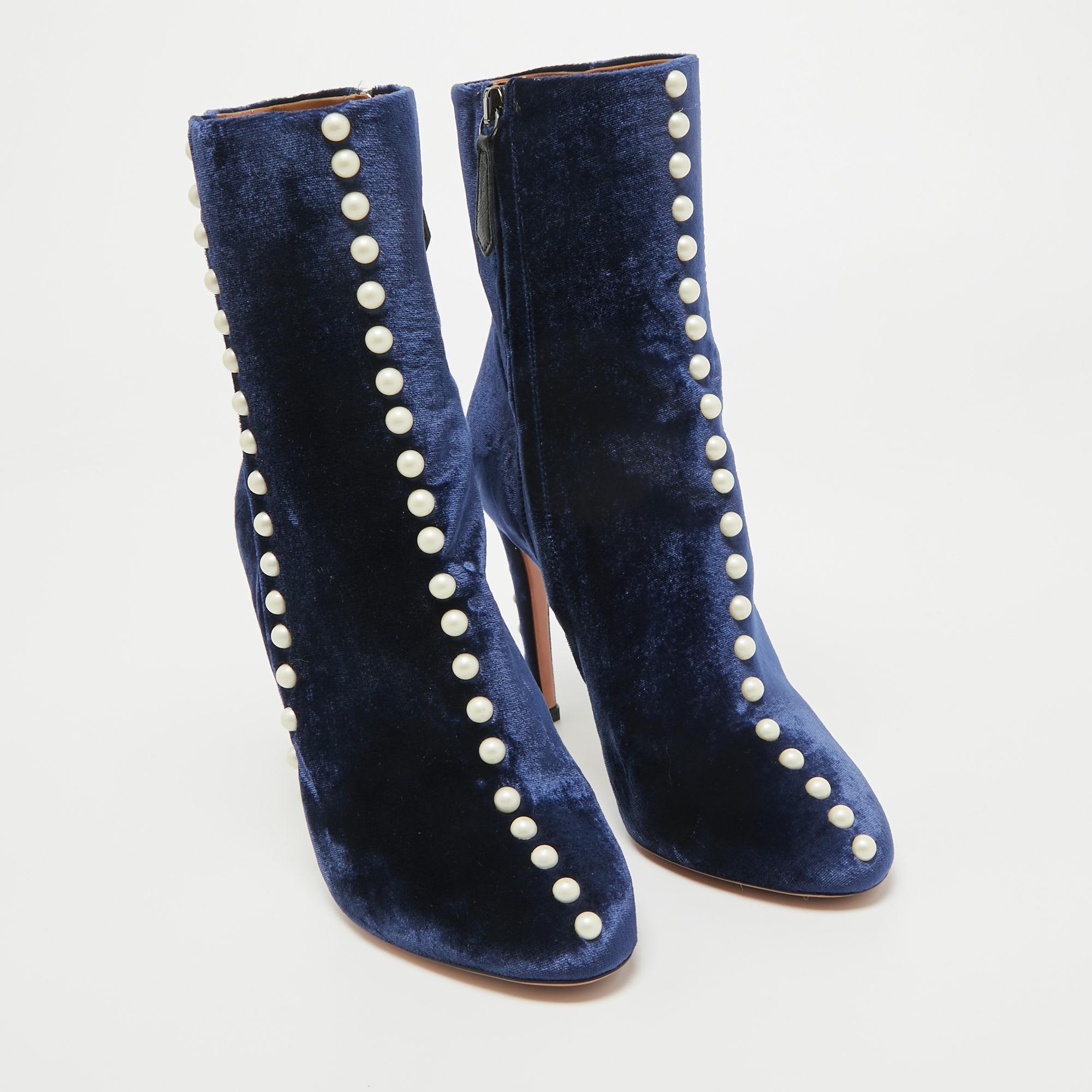 Aquazzura Blue Velvet Follie Pearls Ankle Boots Size 36 2