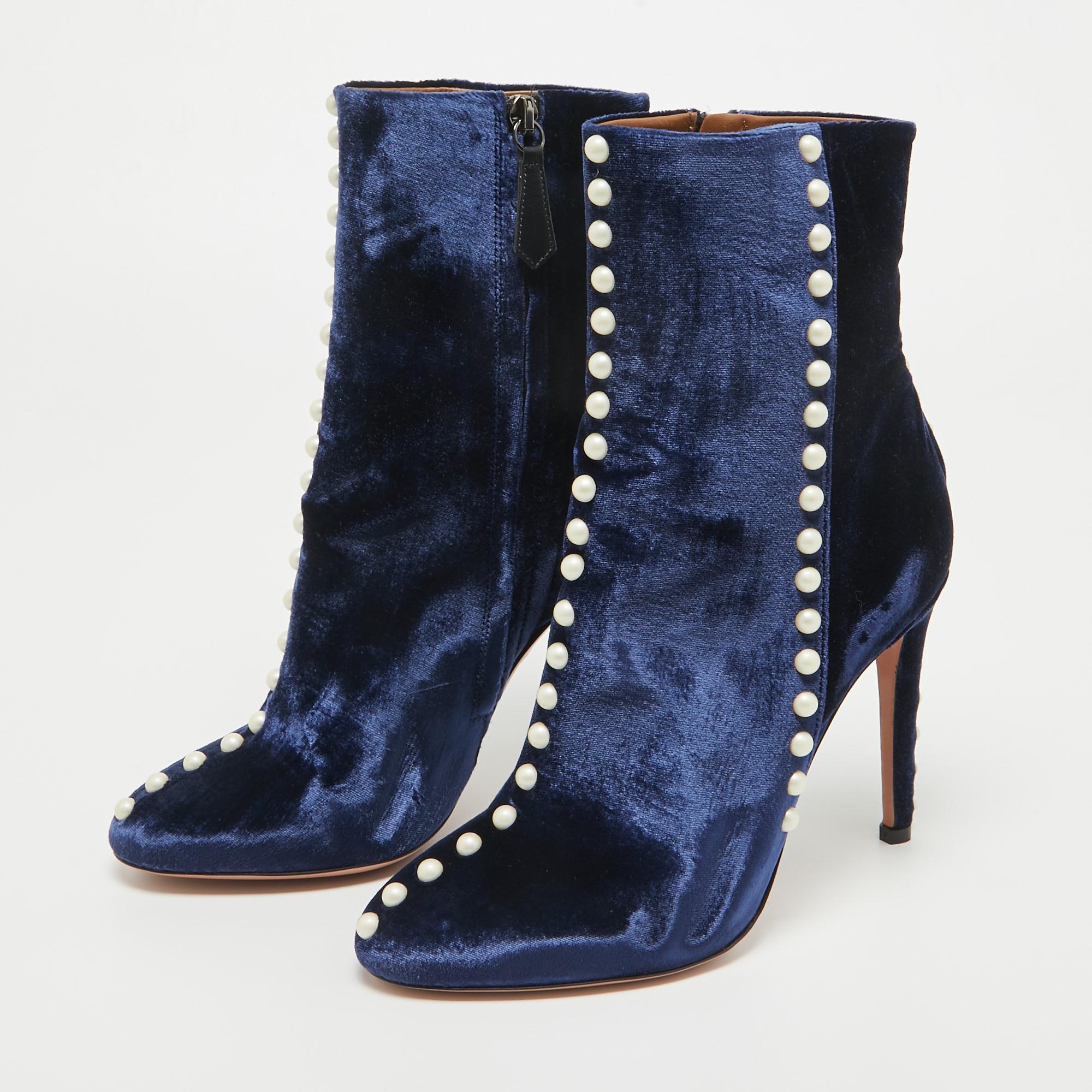 Aquazzura Blue Velvet Follie Pearls Ankle Boots Size 36 3