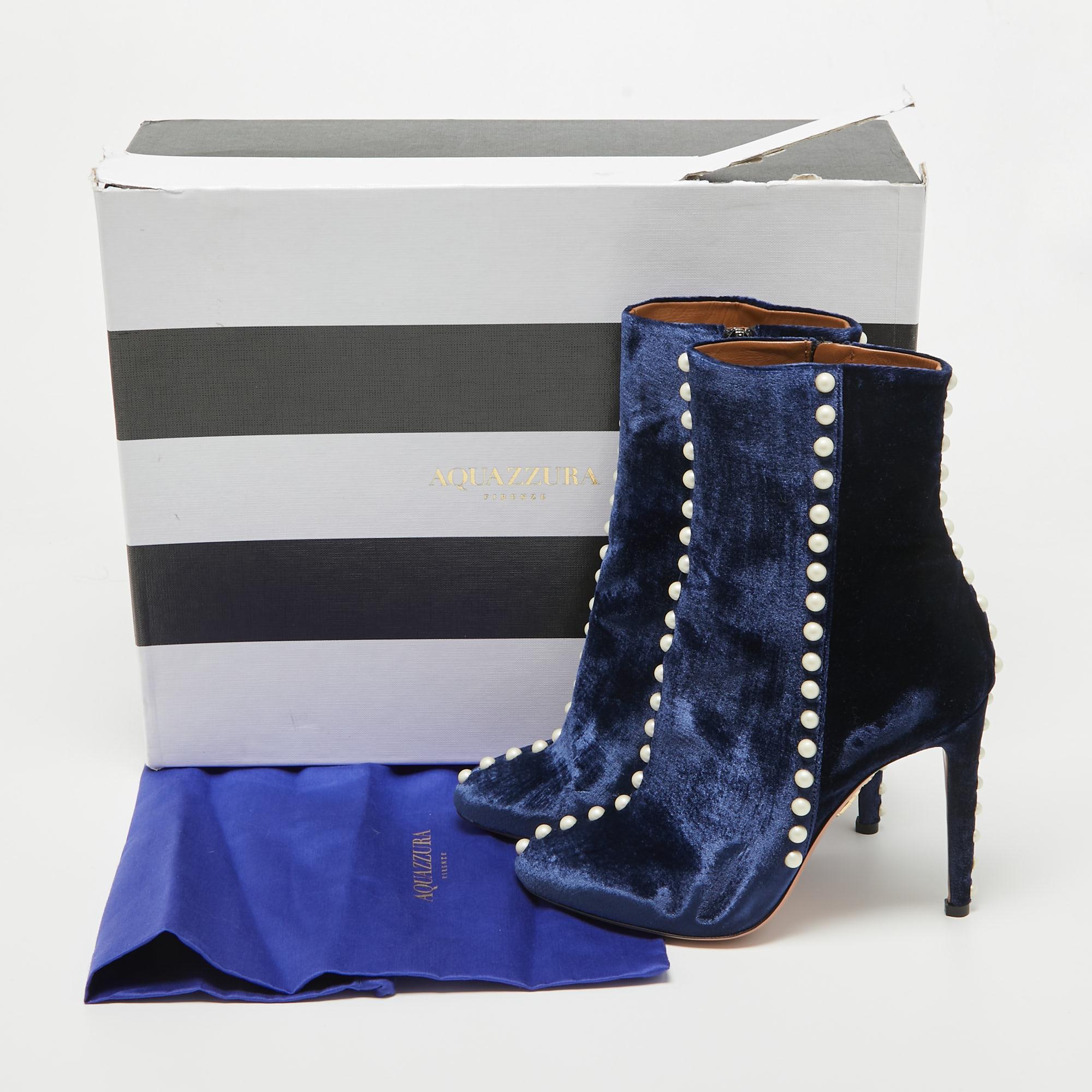 Aquazzura Blue Velvet Follie Pearls Ankle Boots Size 36 4