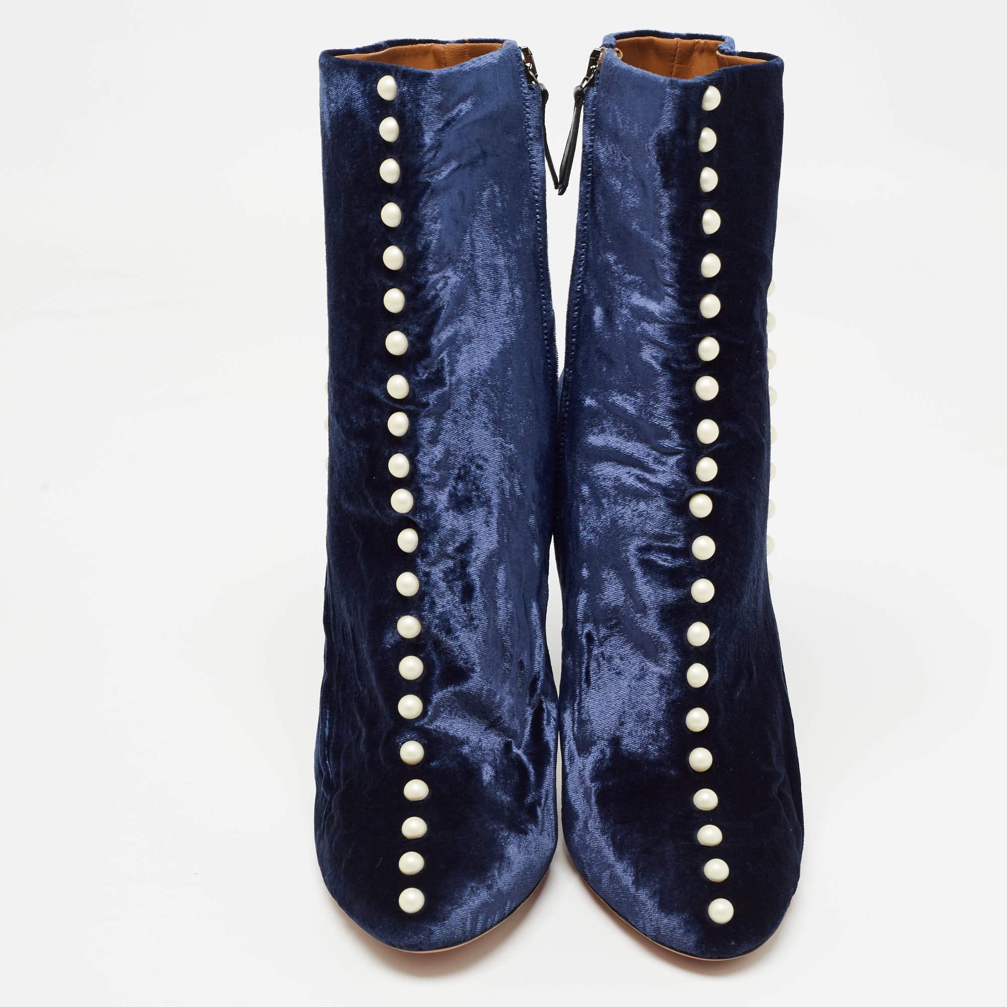 Black Aquazzura Blue Velvet Follie Pearls Ankle Boots Size 39.5 For Sale