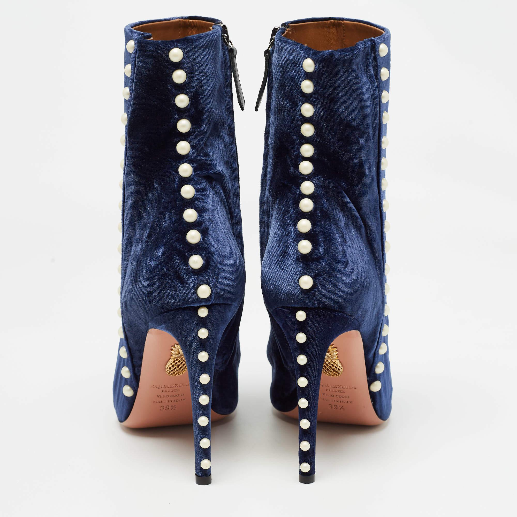 Women's Aquazzura Blue Velvet Follie Pearls Ankle Boots Size 39.5 For Sale