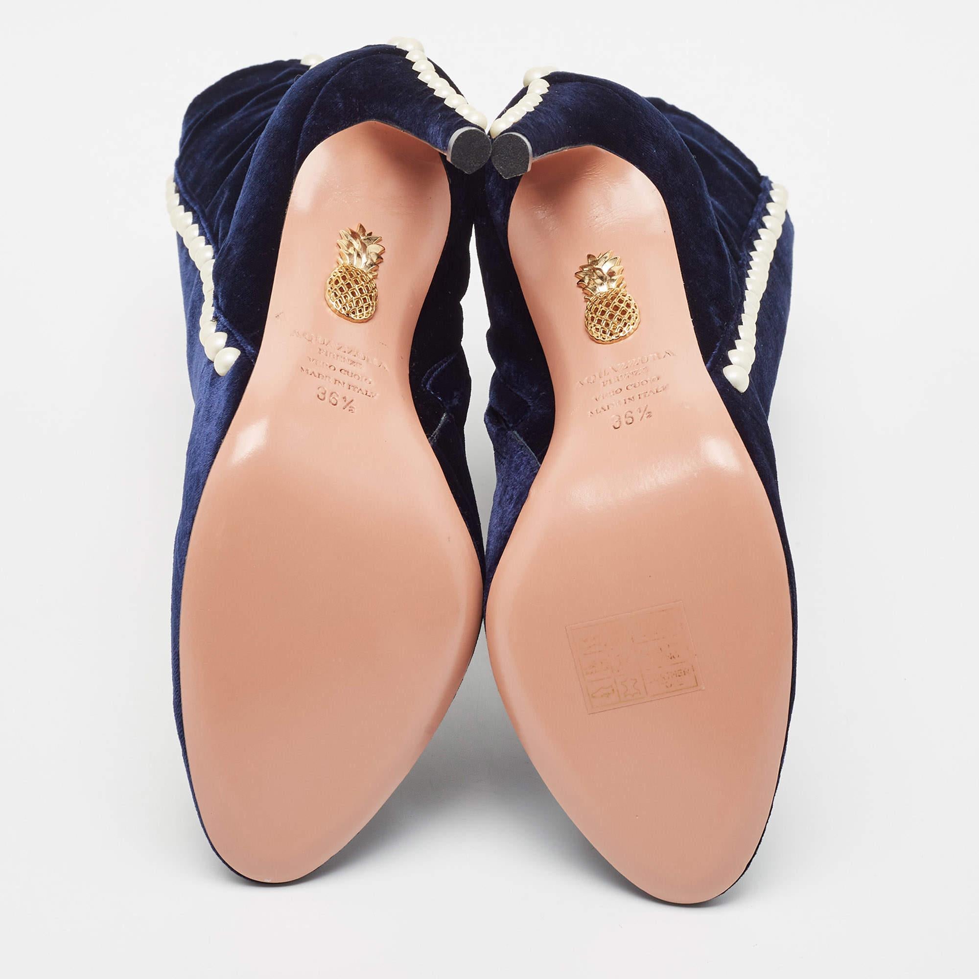 Women's Aquazzura Blue Velvet Follie Pearls Ankle Length Boots Size 36.5 For Sale