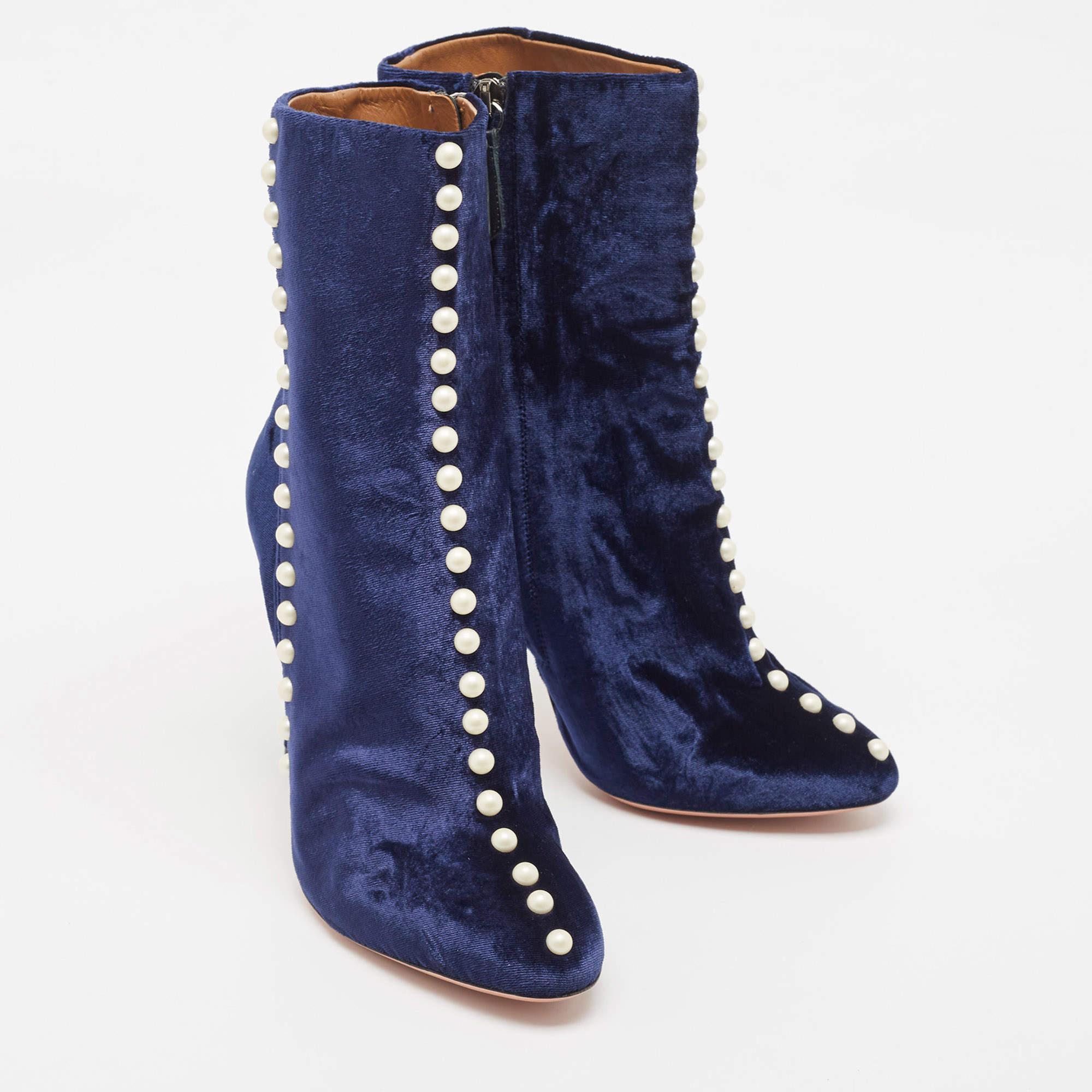 Aquazzura Blue Velvet Follie Pearls Ankle Length Boots Size 36.5 For Sale 1