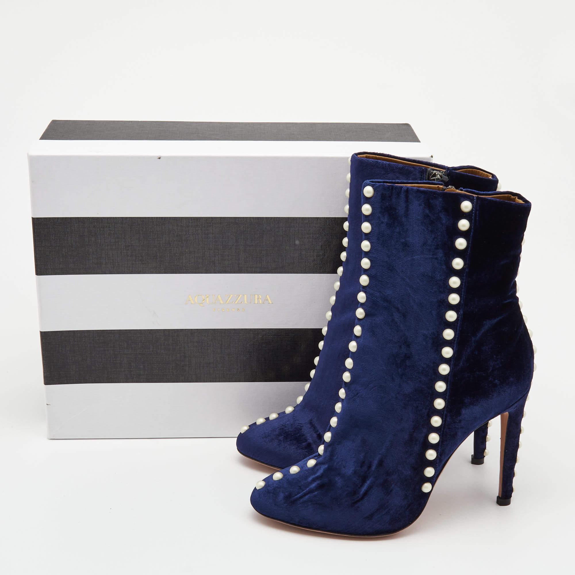 Black Aquazzura Blue Velvet Follie Pearls Ankle Length Boots Size 36.5