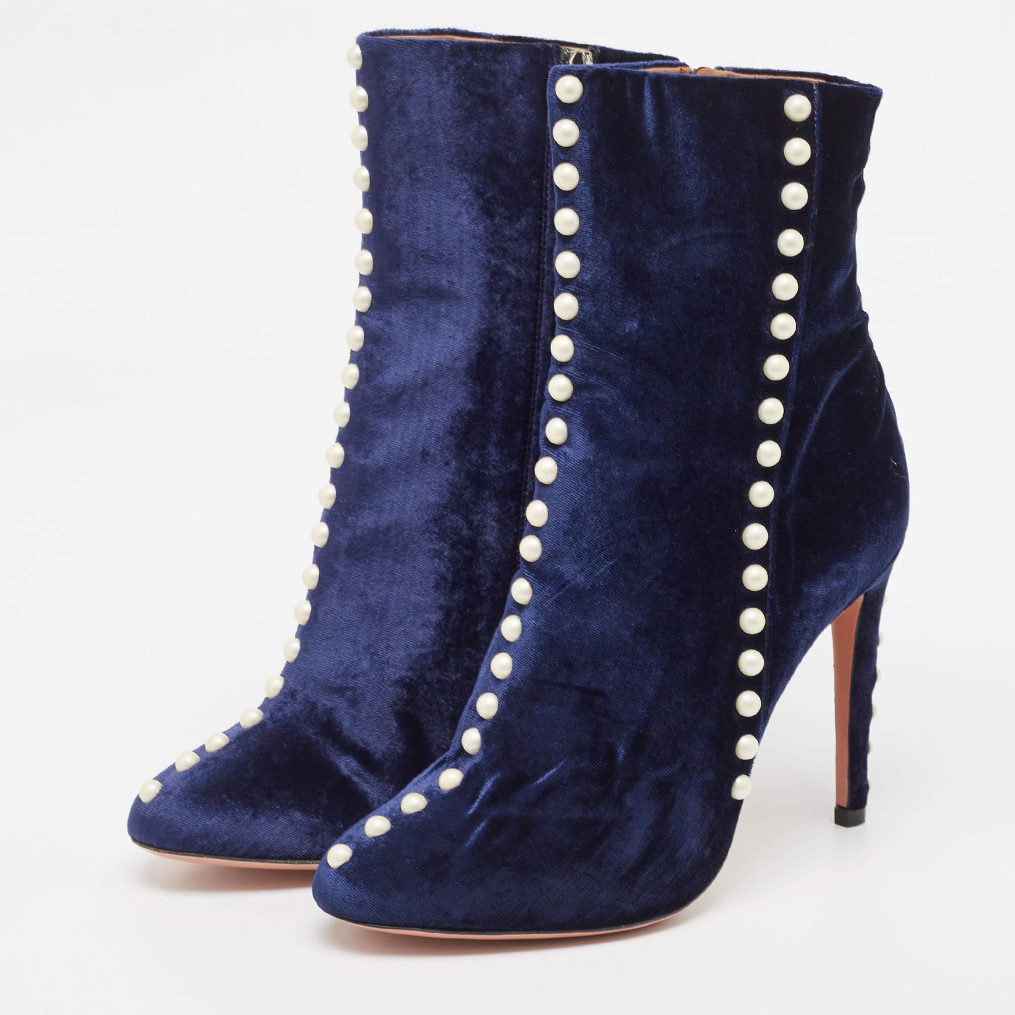 Aquazzura Blue Velvet Follie Pearls Ankle Length Boots Size 36.5 For Sale 2