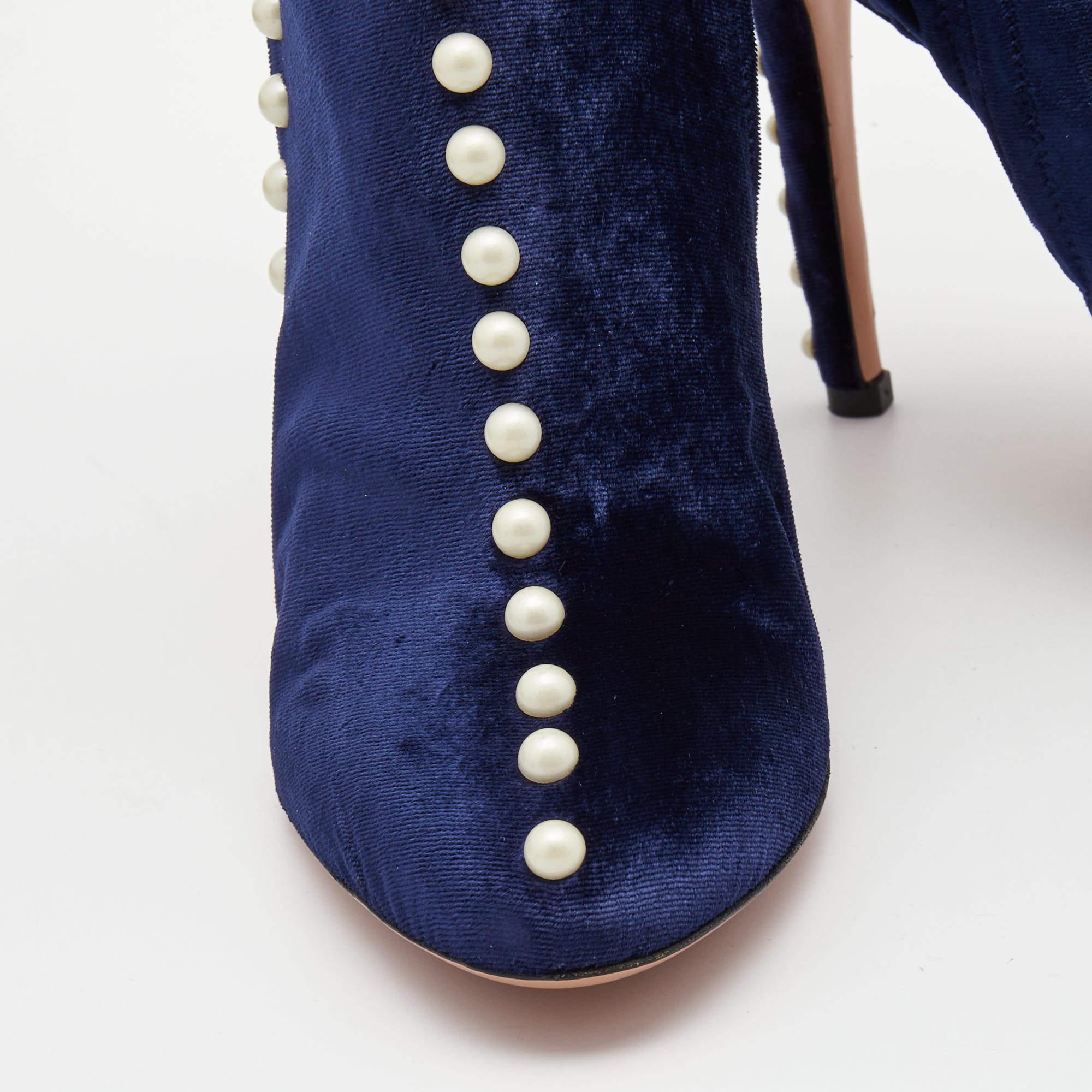Aquazzura Blue Velvet Follie Pearls Ankle Length Boots Size 36.5 In New Condition In Dubai, Al Qouz 2