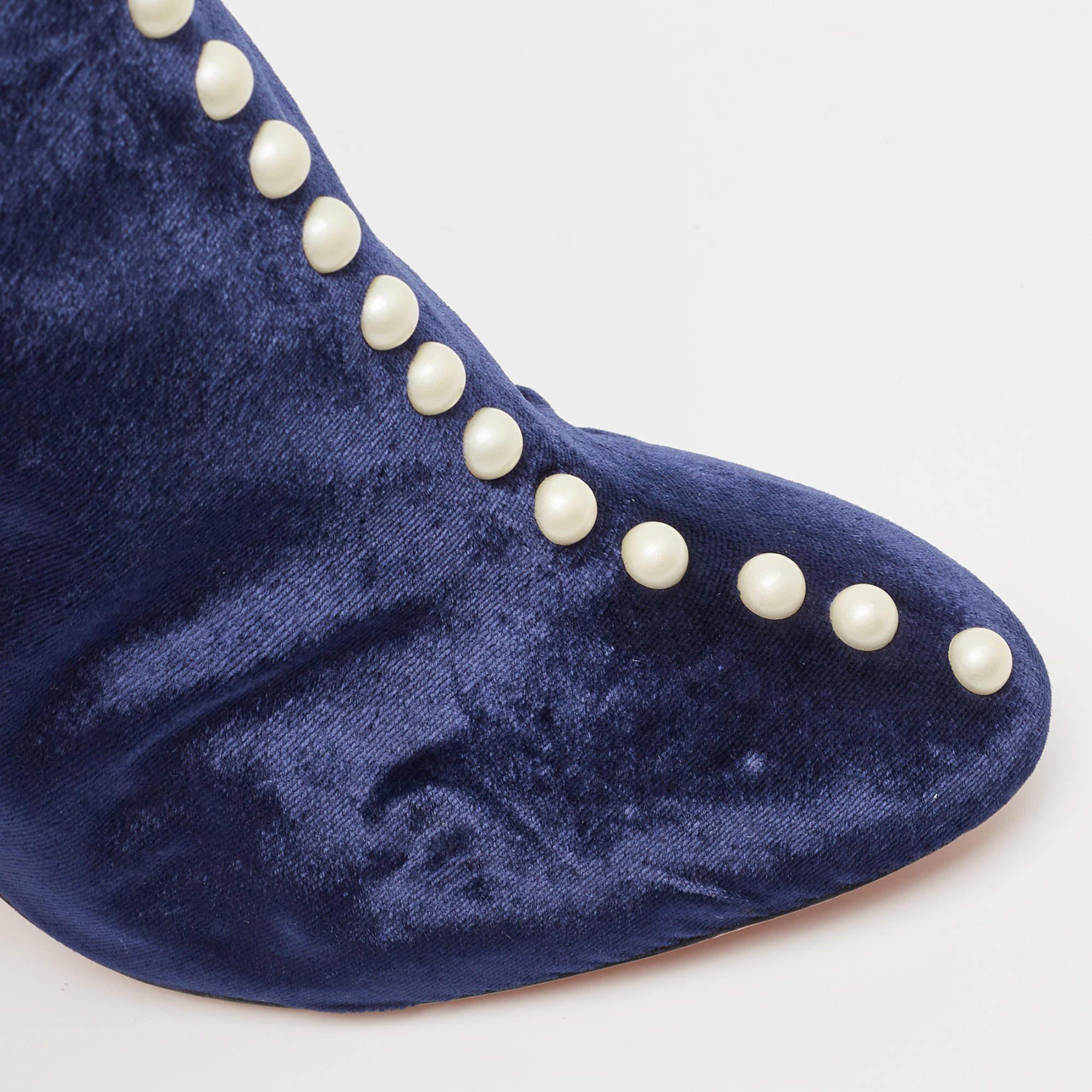 Aquazzura Blue Velvet Follie Pearls Ankle Length Boots Size 36.5 For Sale 3
