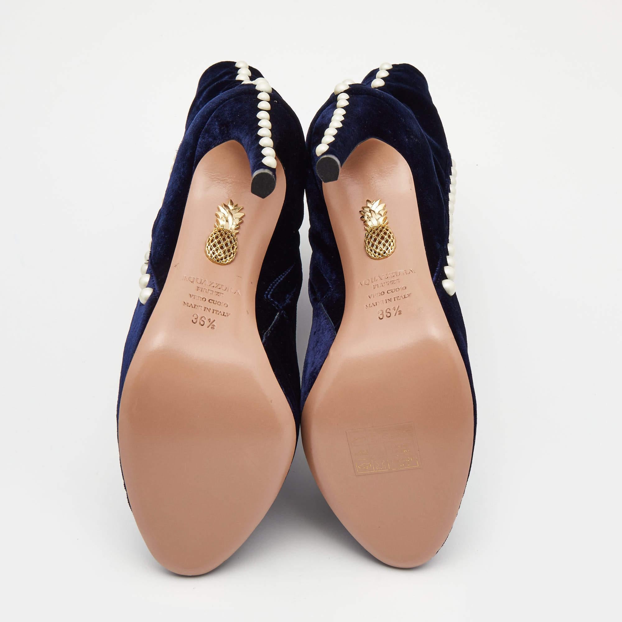 Women's Aquazzura Blue Velvet Follie Pearls Ankle Length Boots Size 36.5