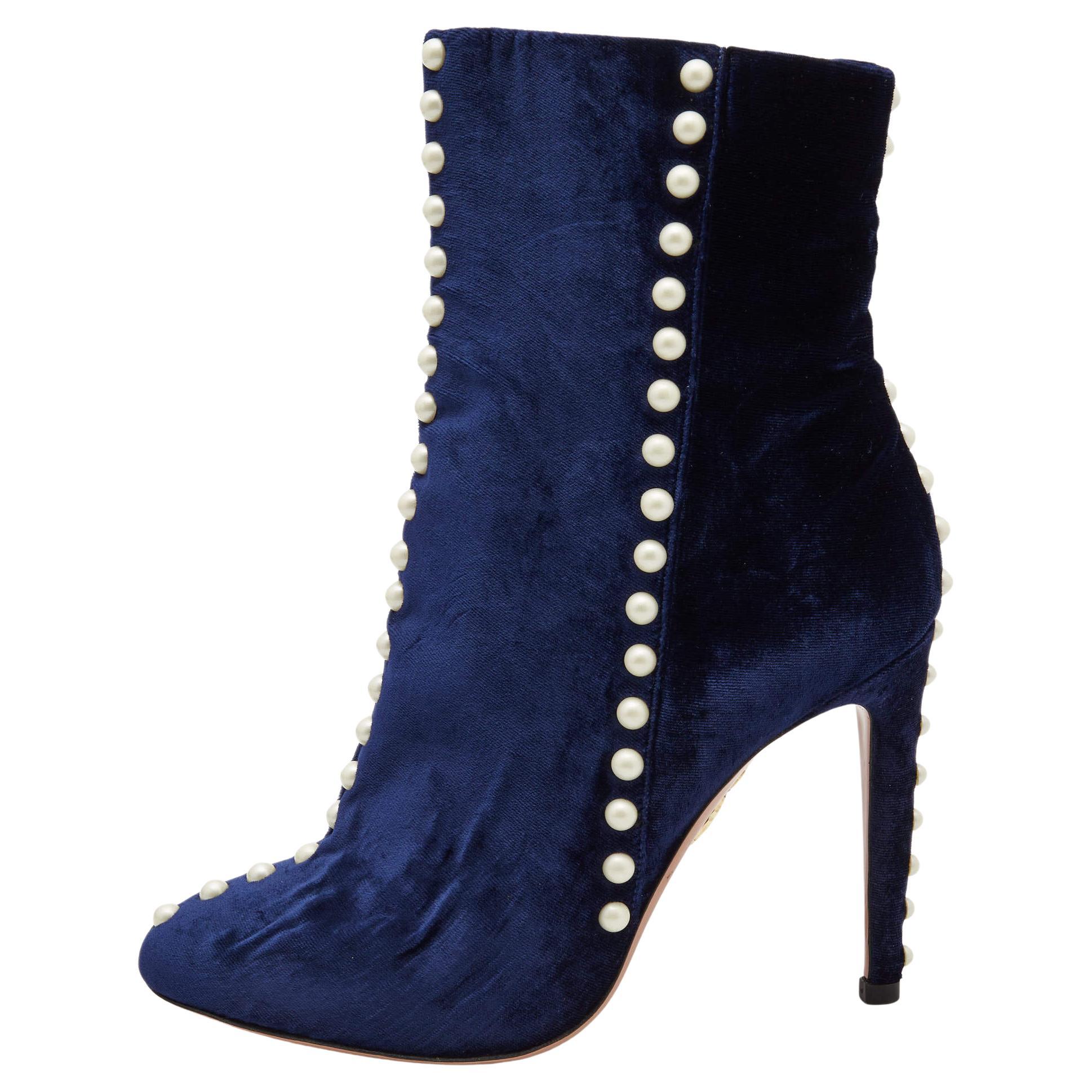 Aquazzura Blue Velvet Follie Pearls Ankle Length Boots Size 36.5