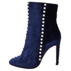 Aquazzura Blue Velvet Follie Pearls Ankle Length Boots Size 36.5