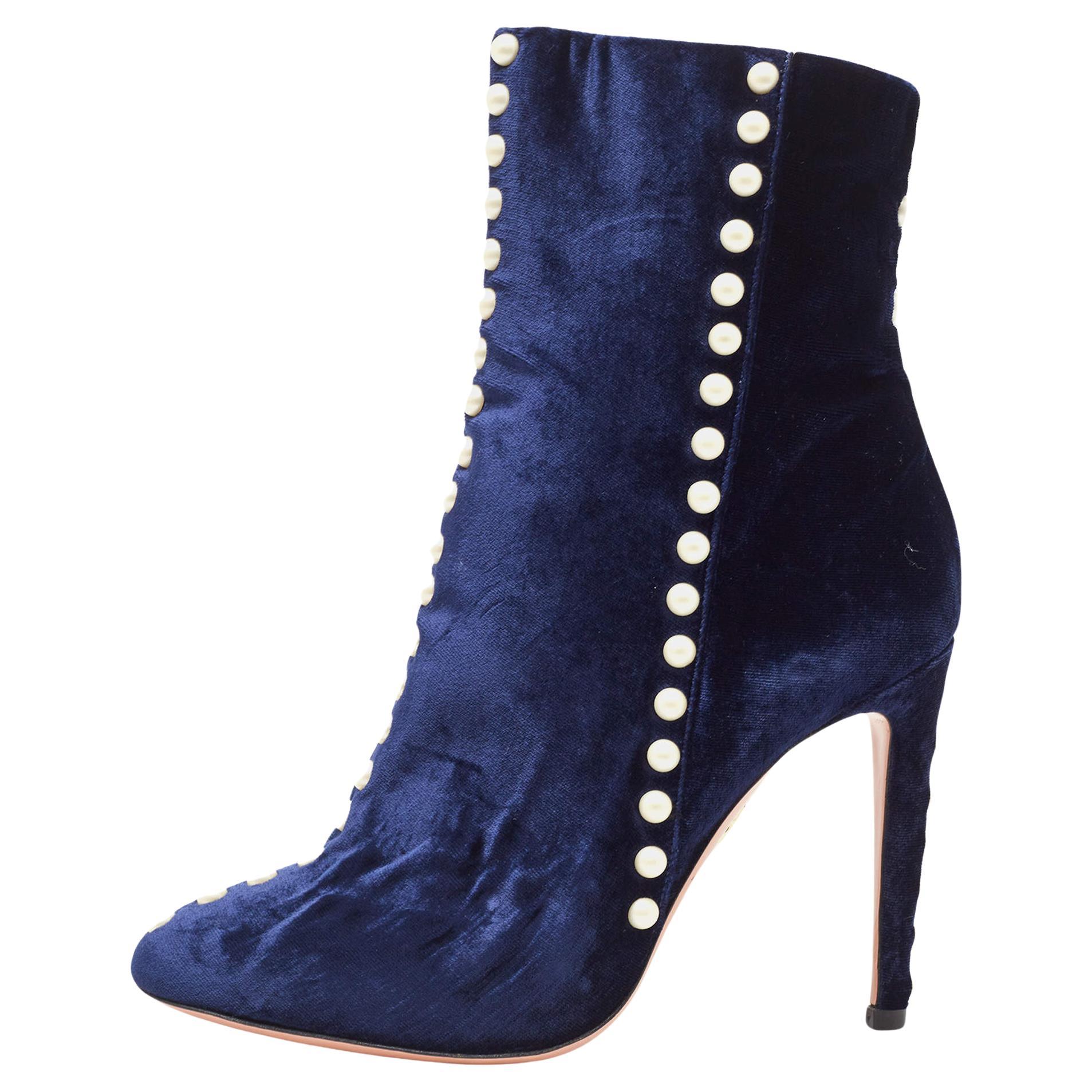 Aquazzura Blue Velvet Follie Pearls Ankle Length Boots Size 36.5 For Sale