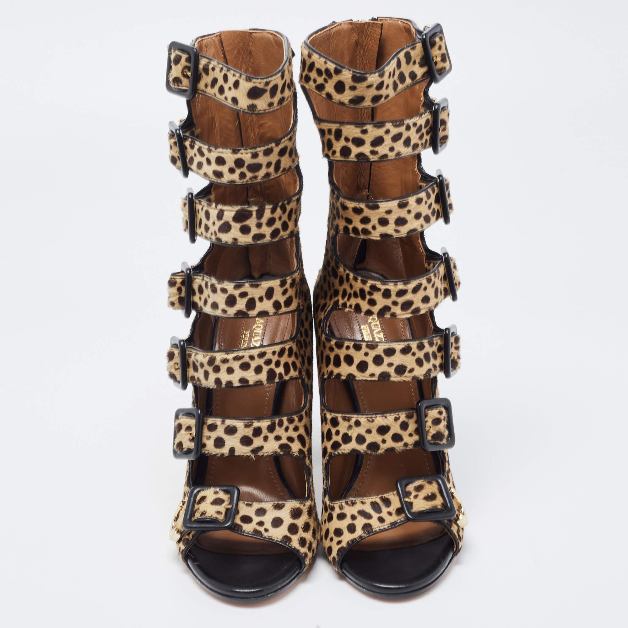 Beige Aquazzura Brown/Black Calf Hair Leopard Print Gladiator Sandals For Sale