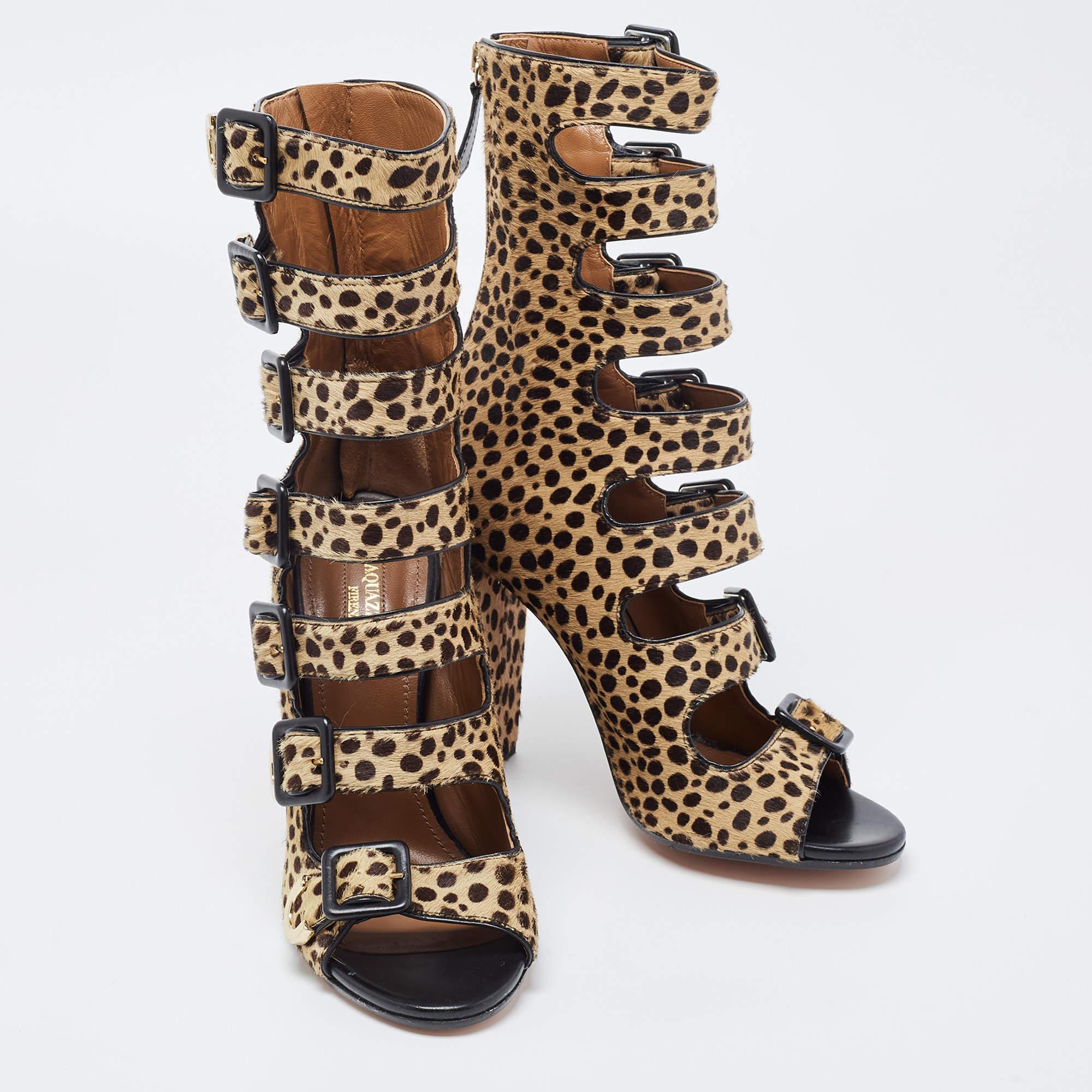 Aquazzura Brown/Black Calf Hair Leopard Print Gladiator Sandals In New Condition For Sale In Dubai, Al Qouz 2