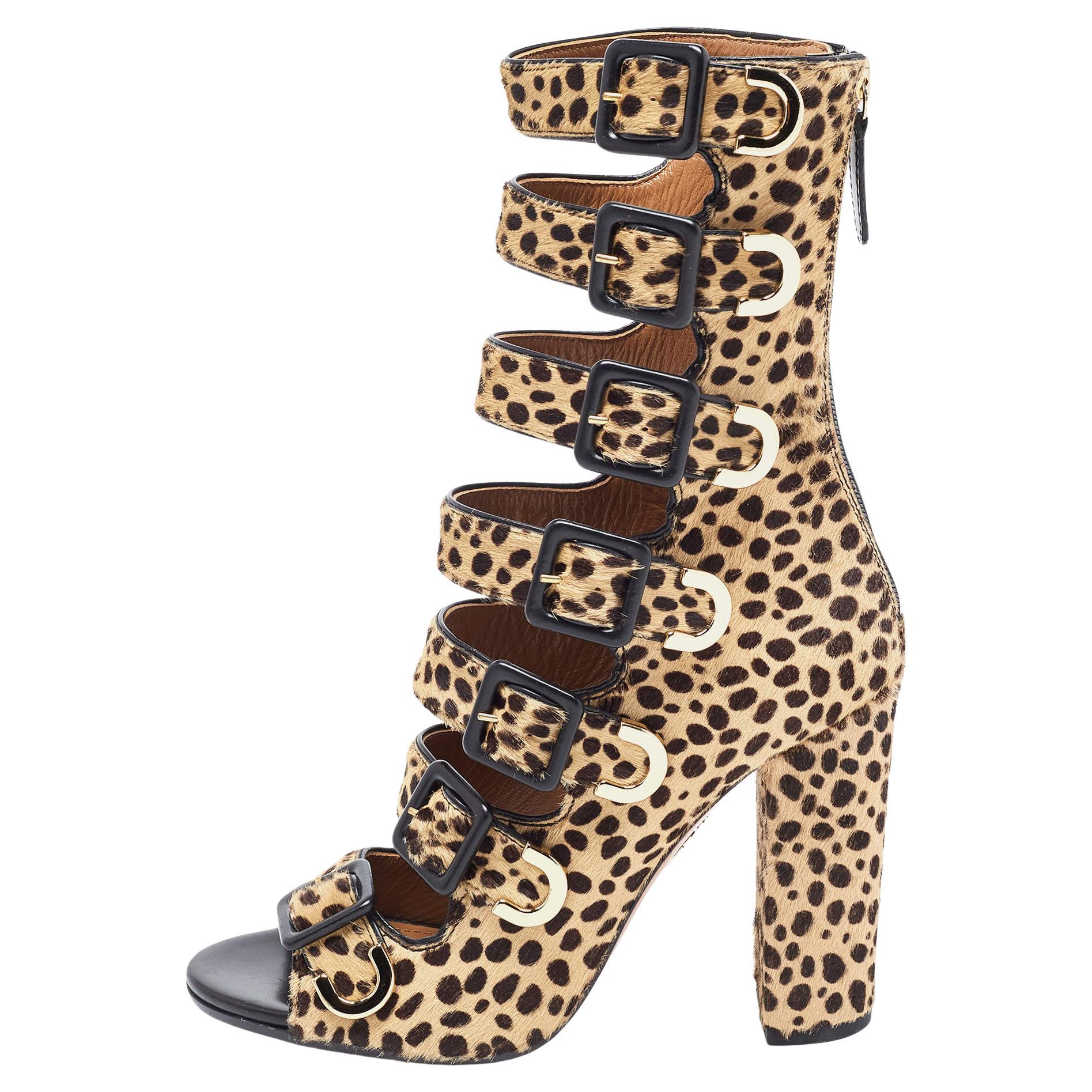 Aquazzura Brown/Black Calf Hair Leopard Print Gladiator Sandals For Sale