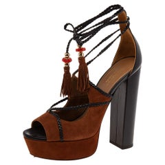 Aquazzura Brown/Black Suede And Leather Lace Up Platform Sandals Size 39.5