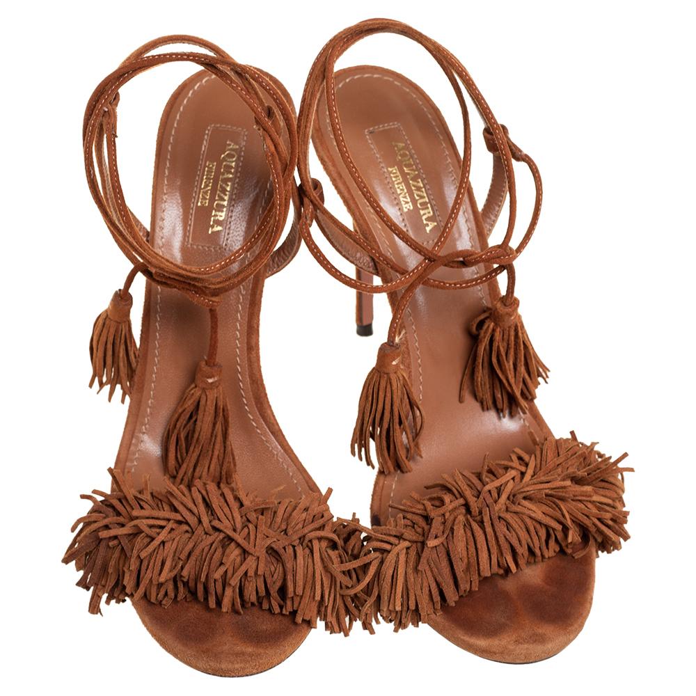 Aquazzura Brown Fringed Suede Wild Thing Ankle Wrap Sandals Size 38 In Good Condition In Dubai, Al Qouz 2