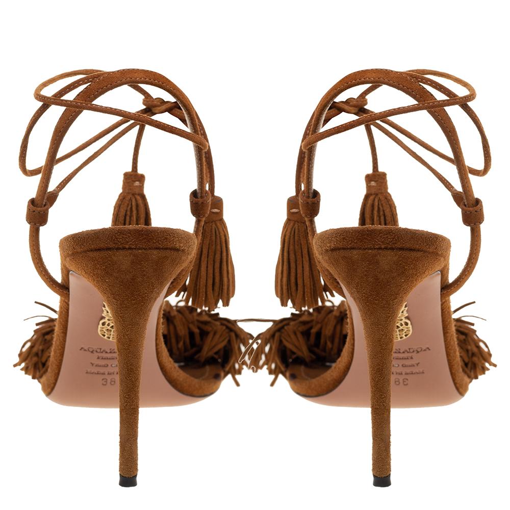 Aquazzura Brown Fringed Suede Wild Thing Ankle Wrap Sandals Size 38 4