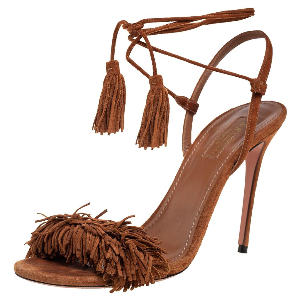 Aquazzura Brown Fringed Suede Wild Thing Ankle Wrap Sandals Size 38