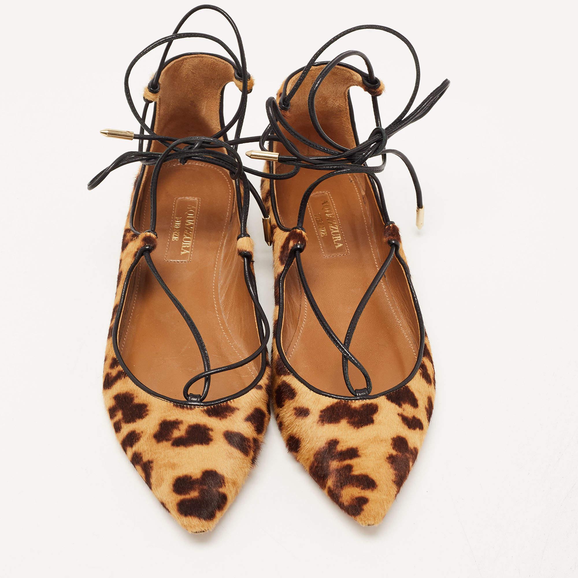 Aquazzura Brown Leopard Print Calf Hair Christy Ballet Flats Size 35 In Good Condition For Sale In Dubai, Al Qouz 2