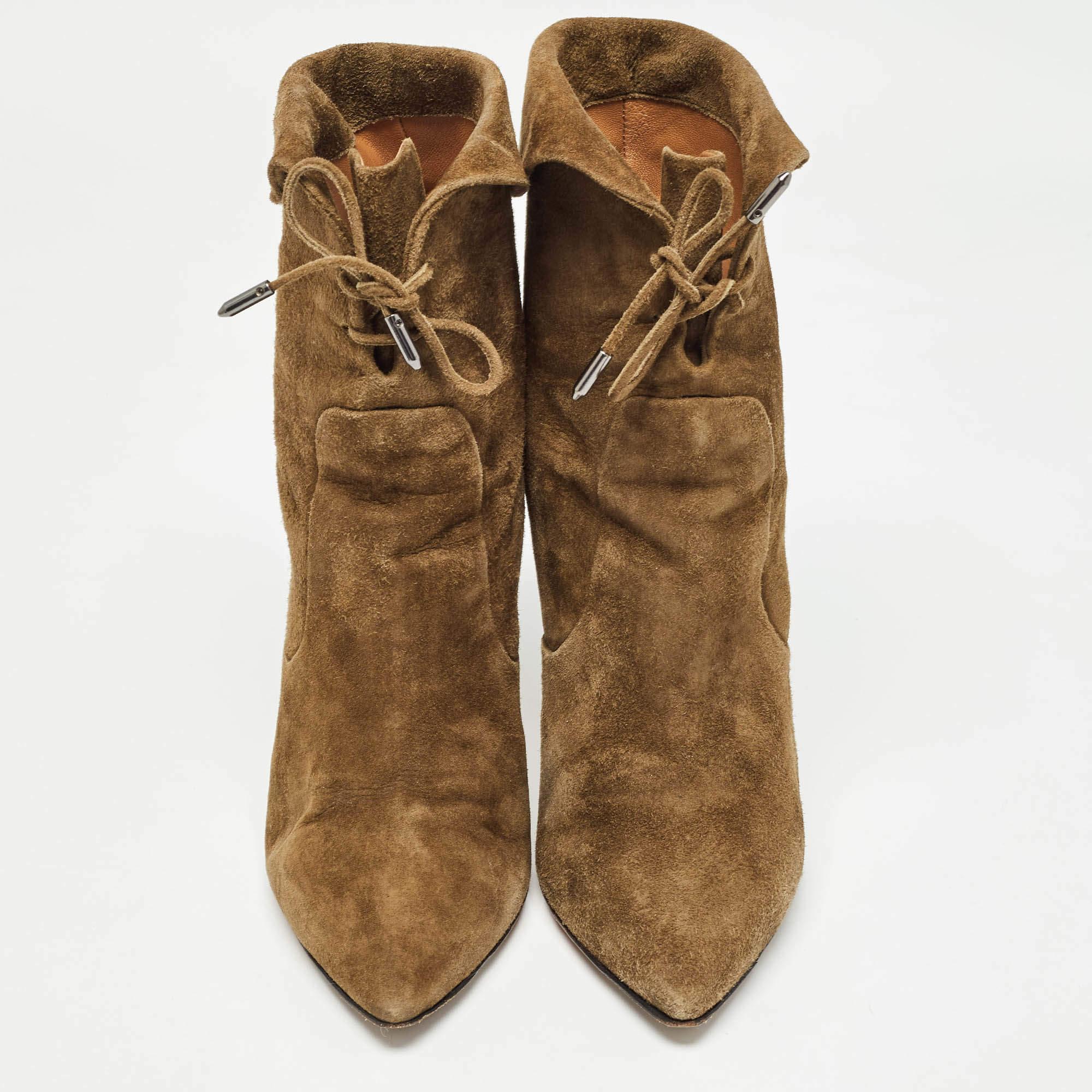 Aquazzura Brown Olive Green Suede Tribeca Ankle Boots Size 36 In Fair Condition For Sale In Dubai, Al Qouz 2