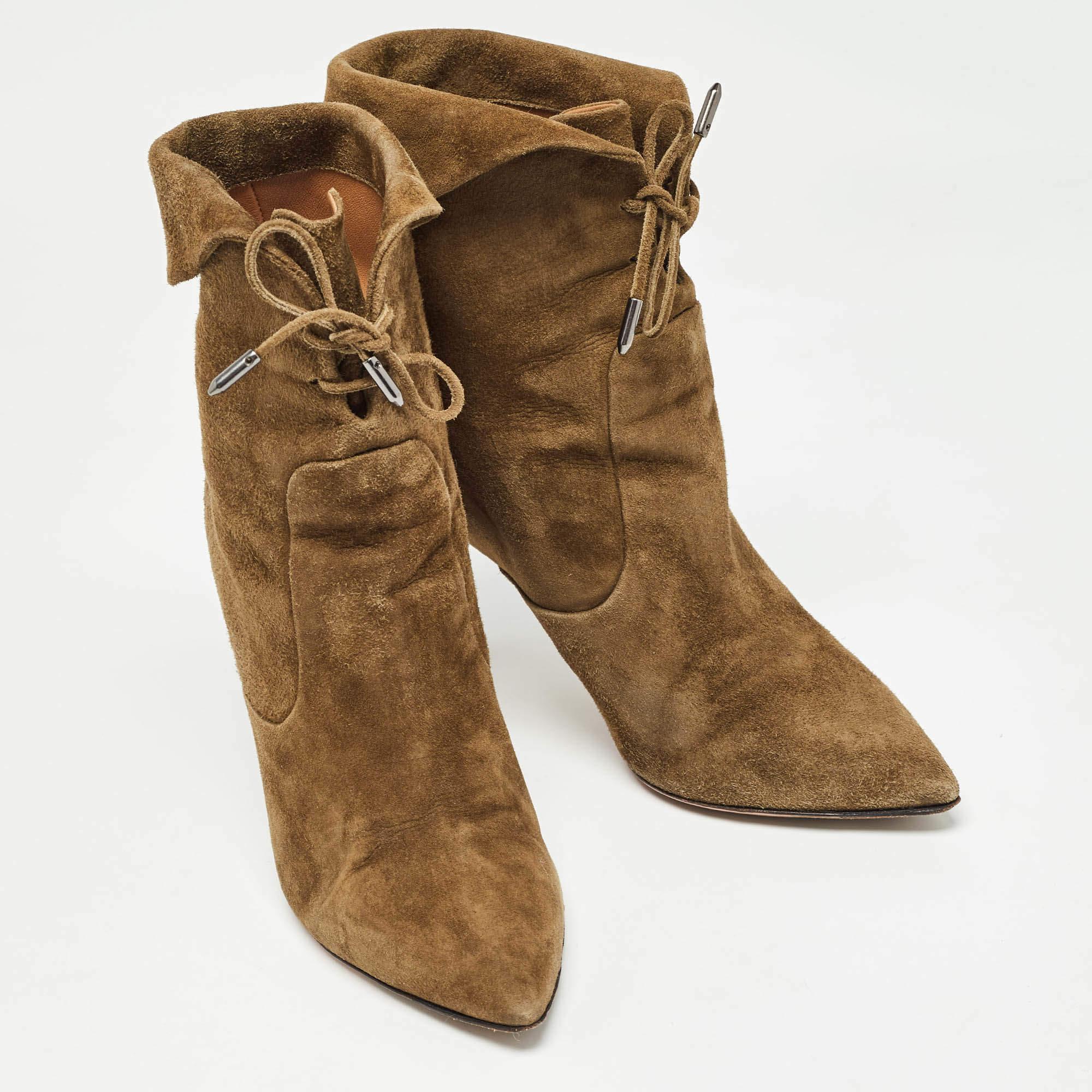 Women's Aquazzura Brown Olive Green Suede Tribeca Ankle Boots Size 36 For Sale