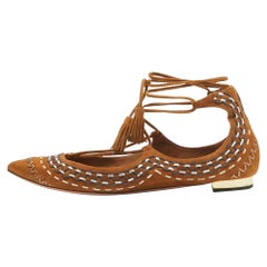 Aquazzura Brown Suede Ankle Wrap Ballet Flats Size 38.5