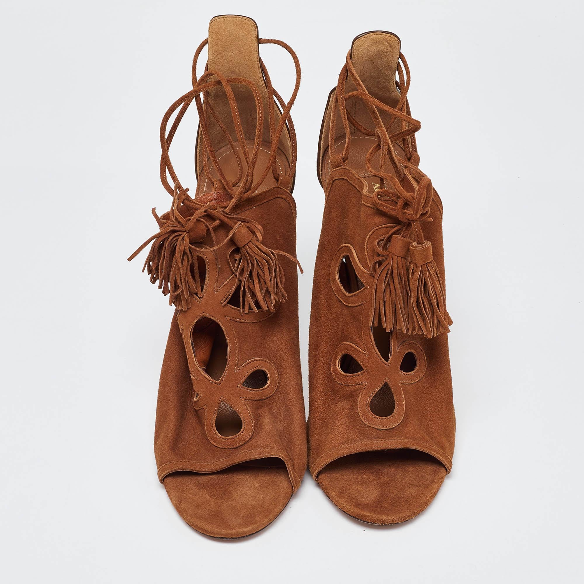 Aquazzura Brown Suede Cut Out Tassel Detail Ankle Wrap Sandals Size 39 In Excellent Condition In Dubai, Al Qouz 2