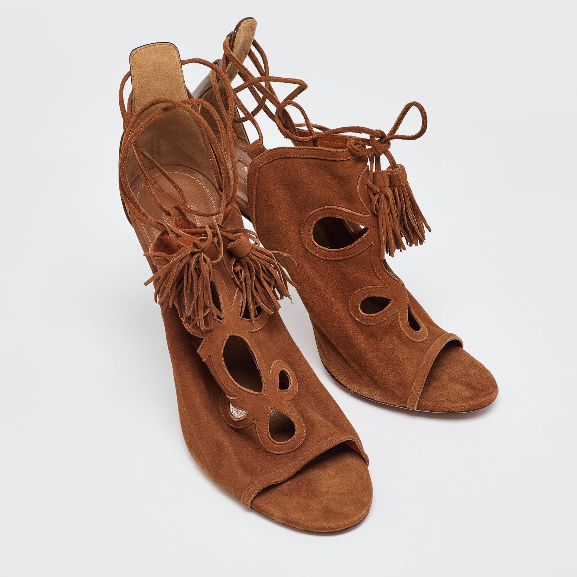 Women's Aquazzura Brown Suede Cut Out Tassel Detail Ankle Wrap Sandals Size 39